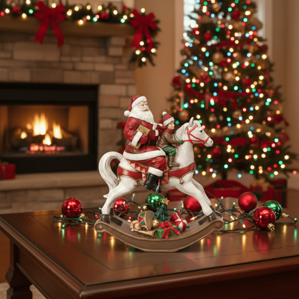 Statuetta cavallo a dondolo con Babbo Natale colori natalizi in poliresina cm 18x8 22h - MondoViro