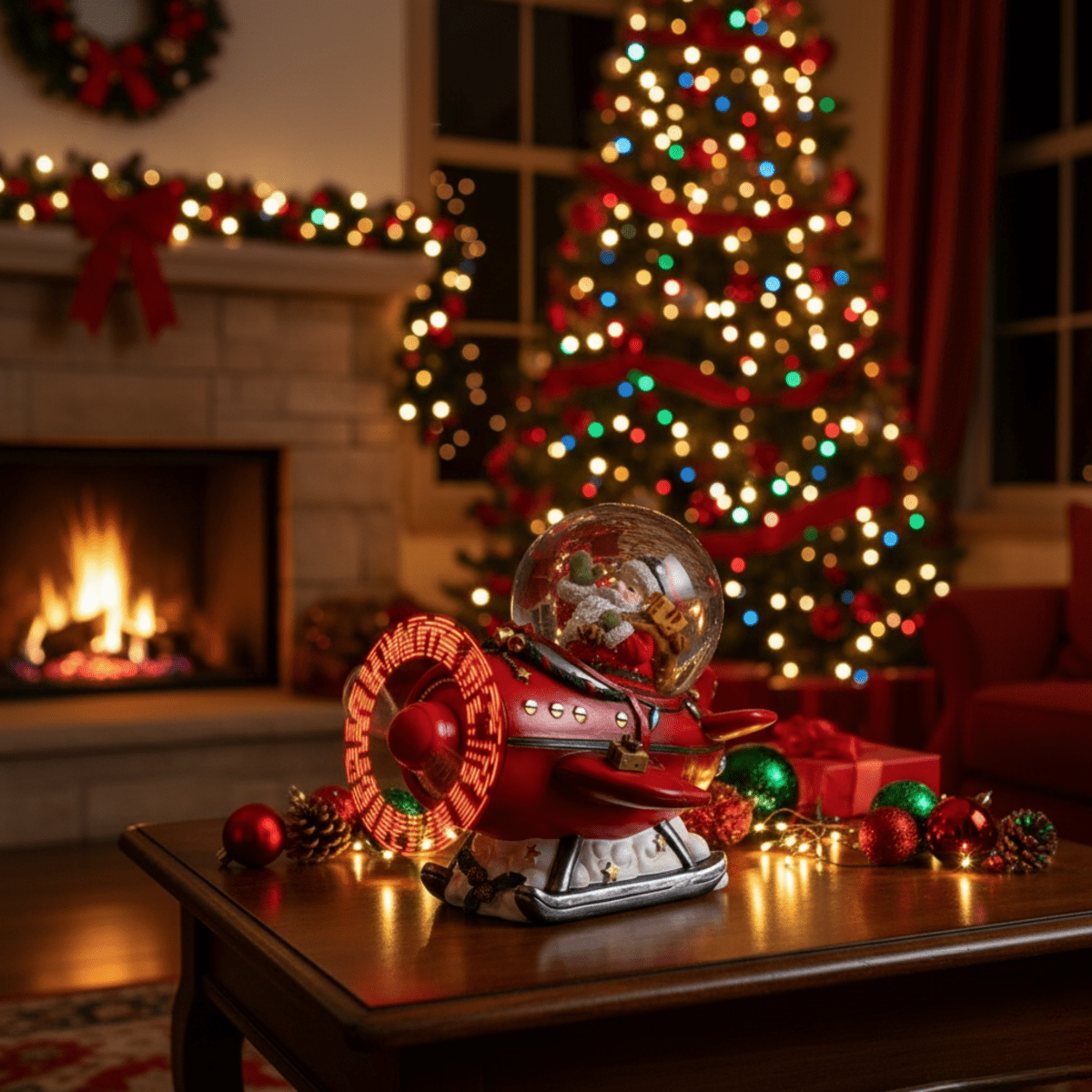 Sfera Natalizia Babbo Natale su aereo con eliche a LED con scritta “Merry Christmas” ed effetto nevicata cm 16x14 15h - MondoViro