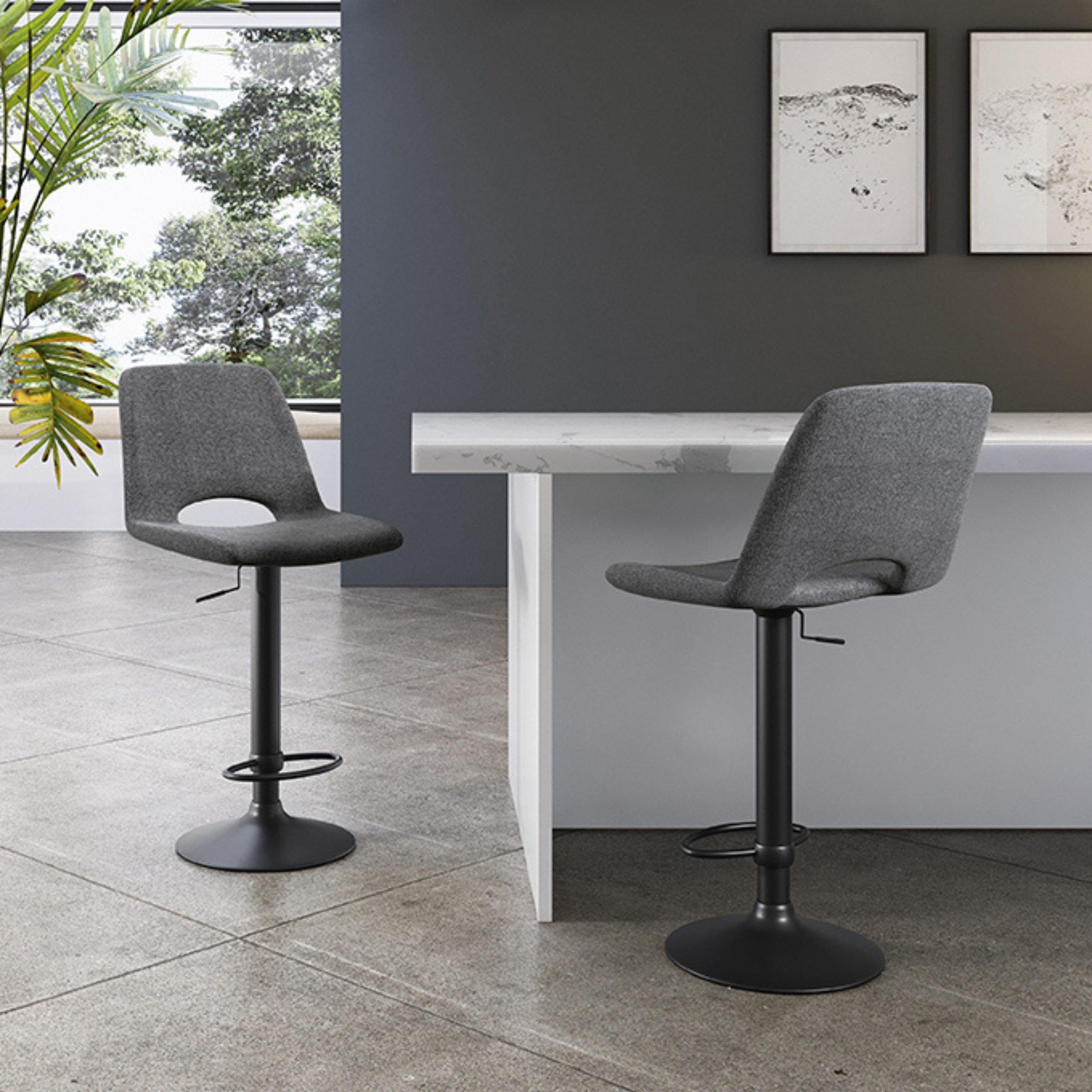 Set 2 sgabelli "Ross" in tessuto imbottito con alzata a gas e struttura in metallo verniciato nero