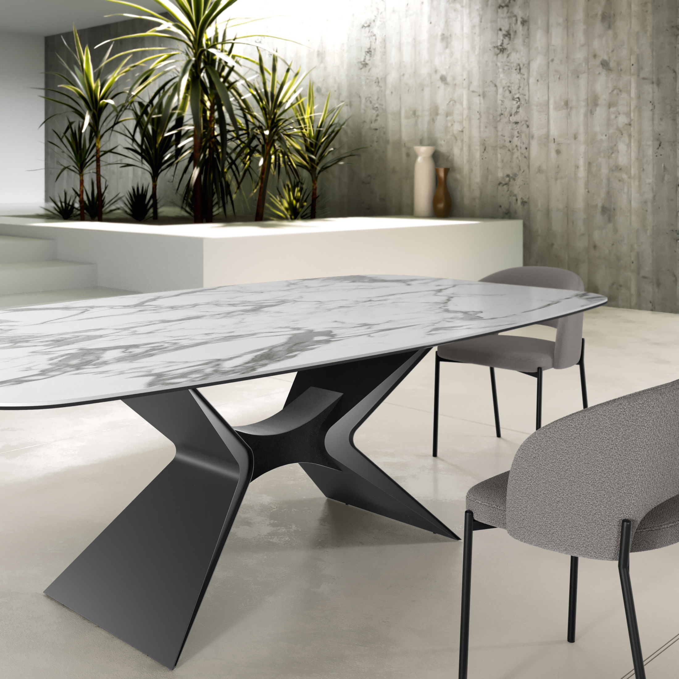 Tavolo fisso "Atlante" con top lucido in ceramica su vetro con struttura in metallo verniciato