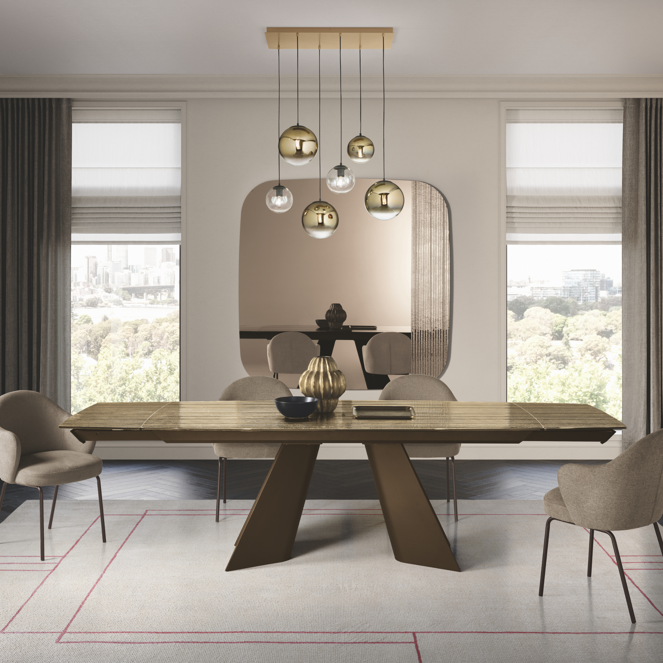 Tavolo allungabile "Maya" componibile in vetro rigato retroargentato con base in metallo cm 200/286x100 77h