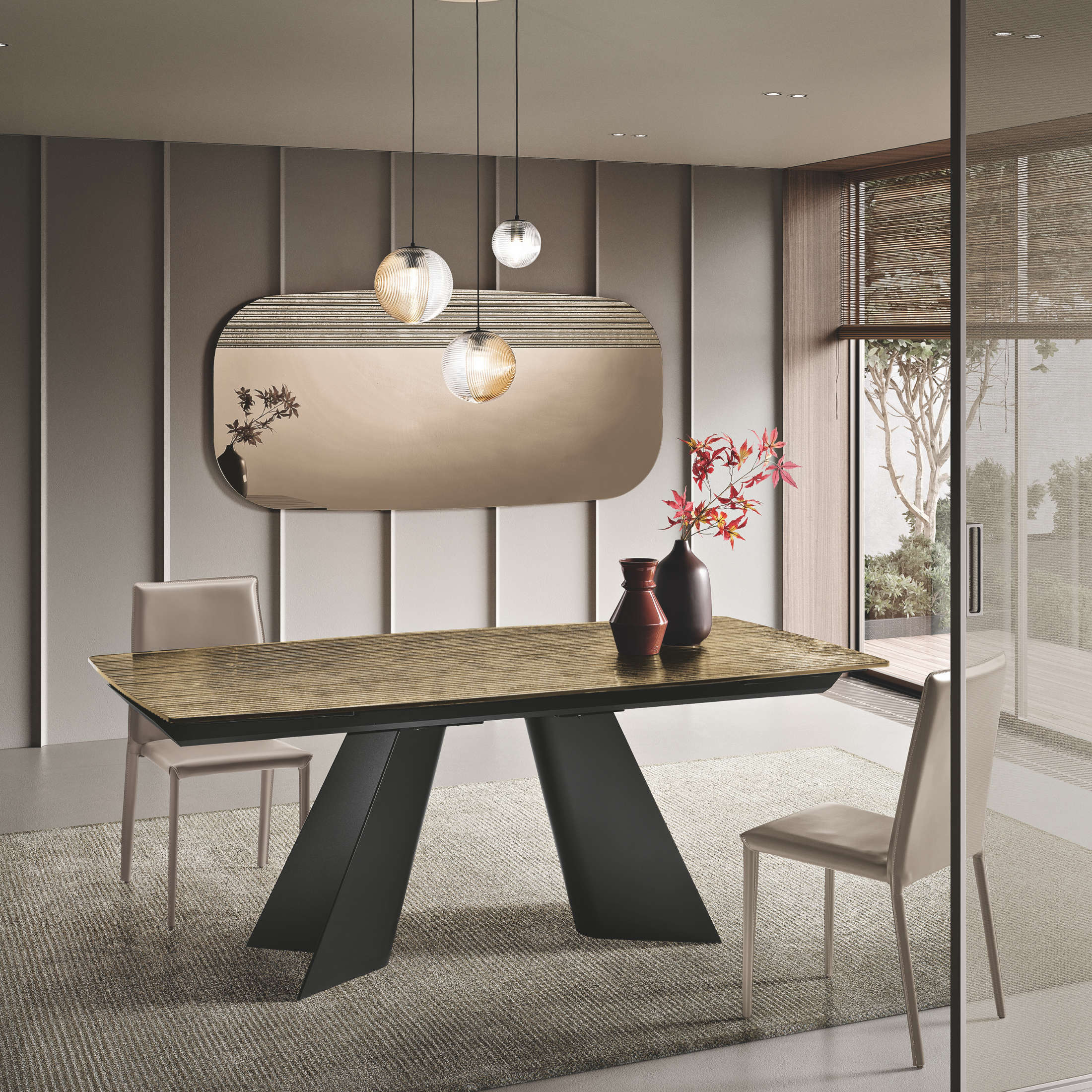 Tavolo allungabile "Maya" componibile in vetro rigato retroargentato con base in metallo cm 200/286x100 77h