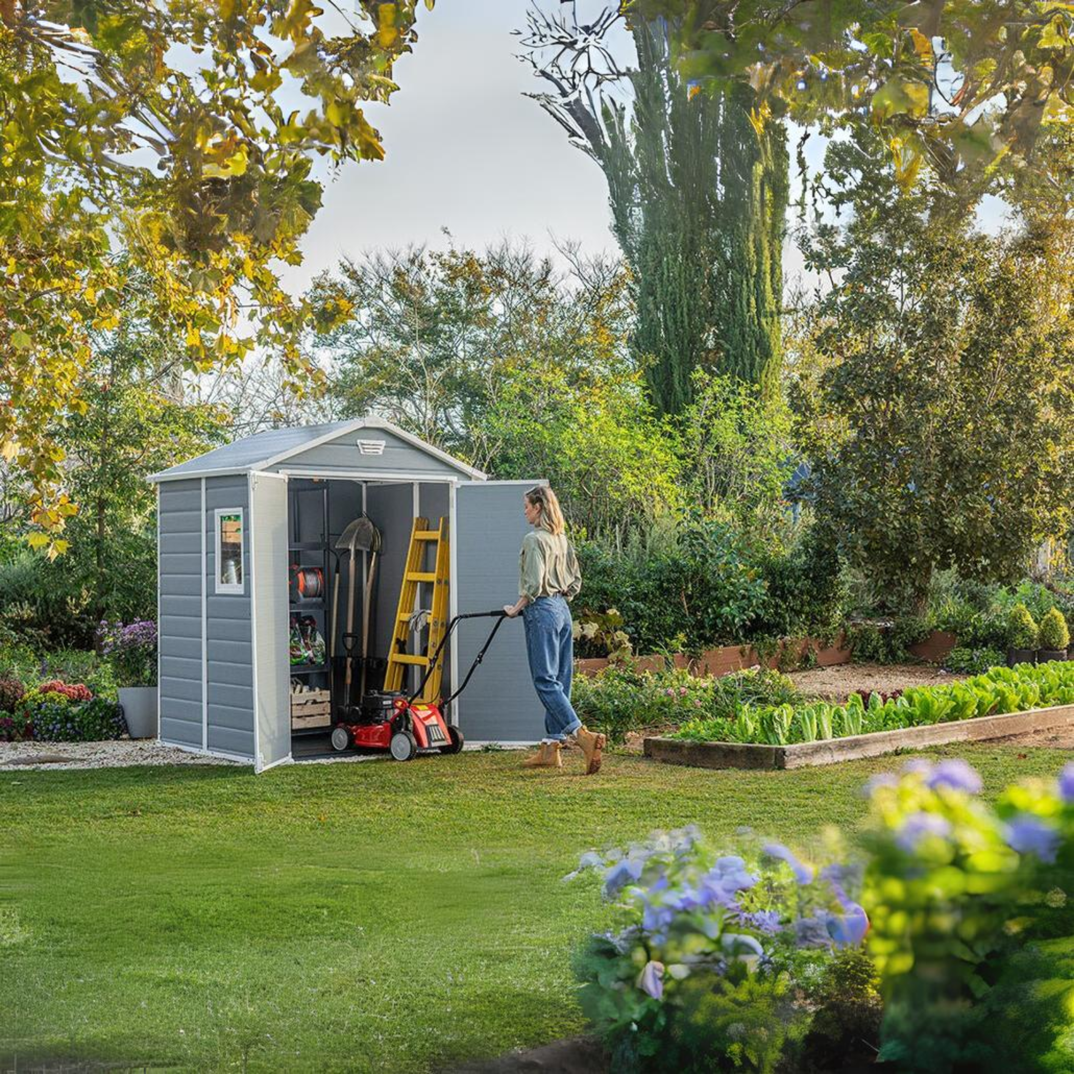 Casetta da giardino in resina "Wood1" grigia con 1 finestra laterale