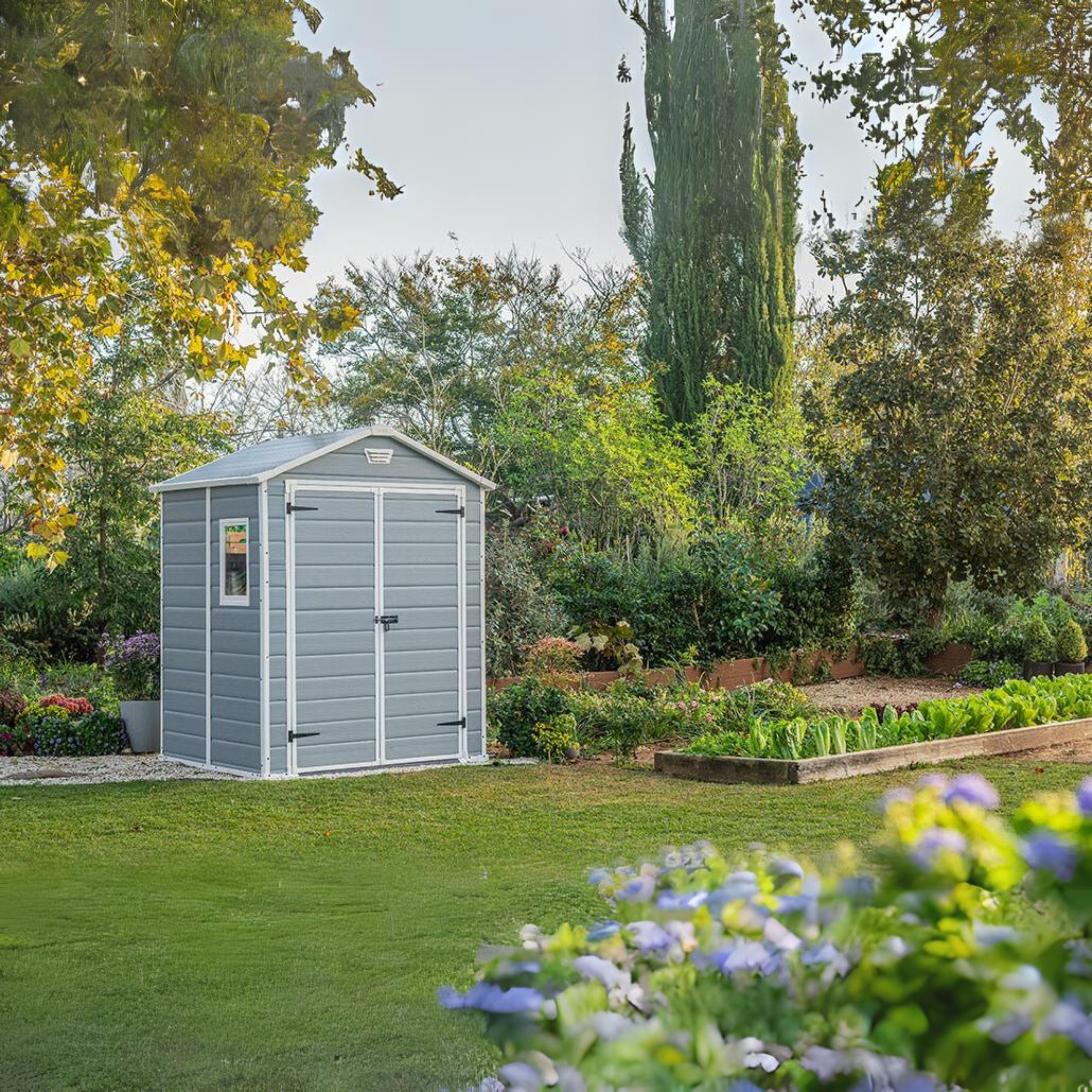 Casetta da giardino in resina "Wood1" grigia con 1 finestra laterale