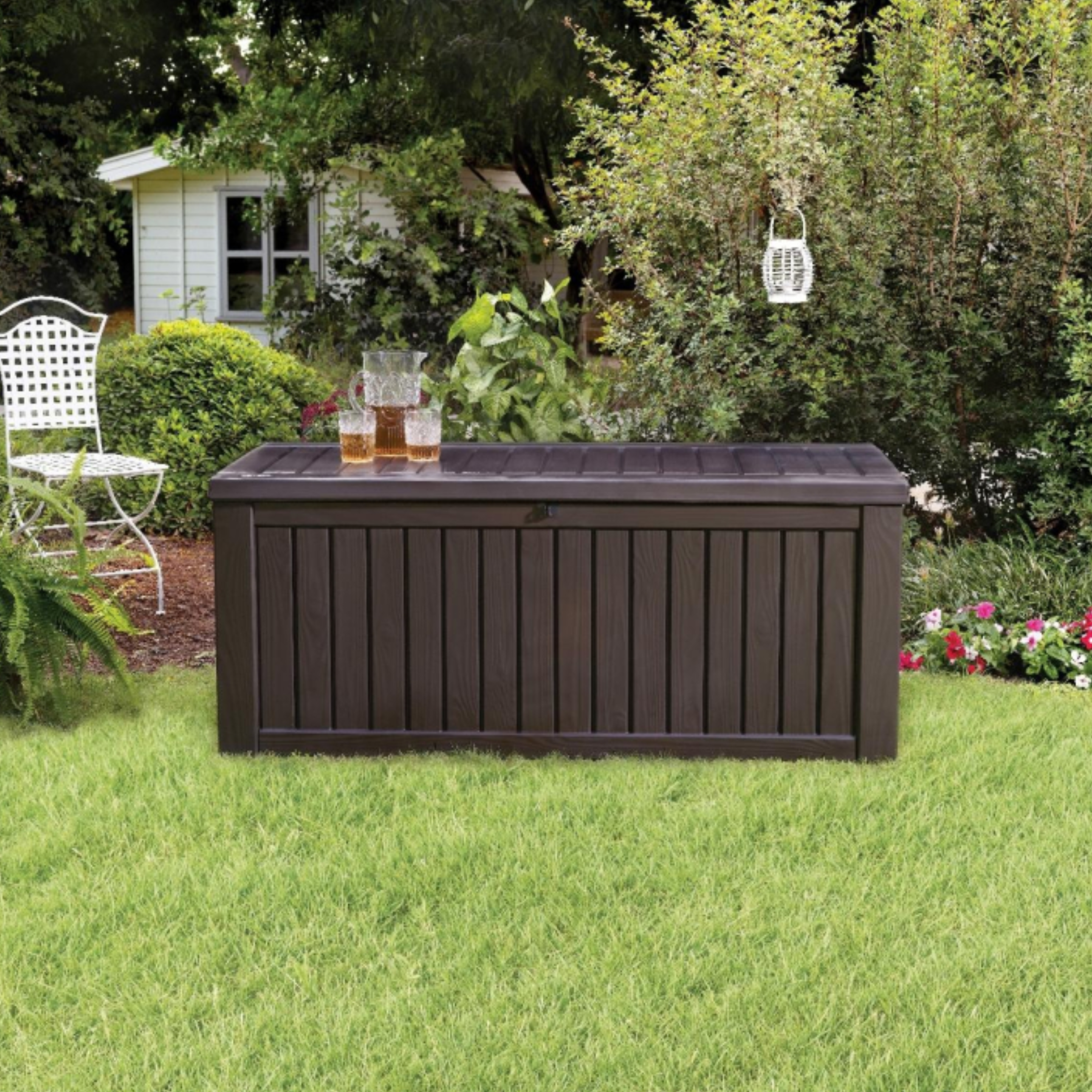 Baule in resina da esterno "Rock" effetto legno capiente cm 155x72,4 64,4h