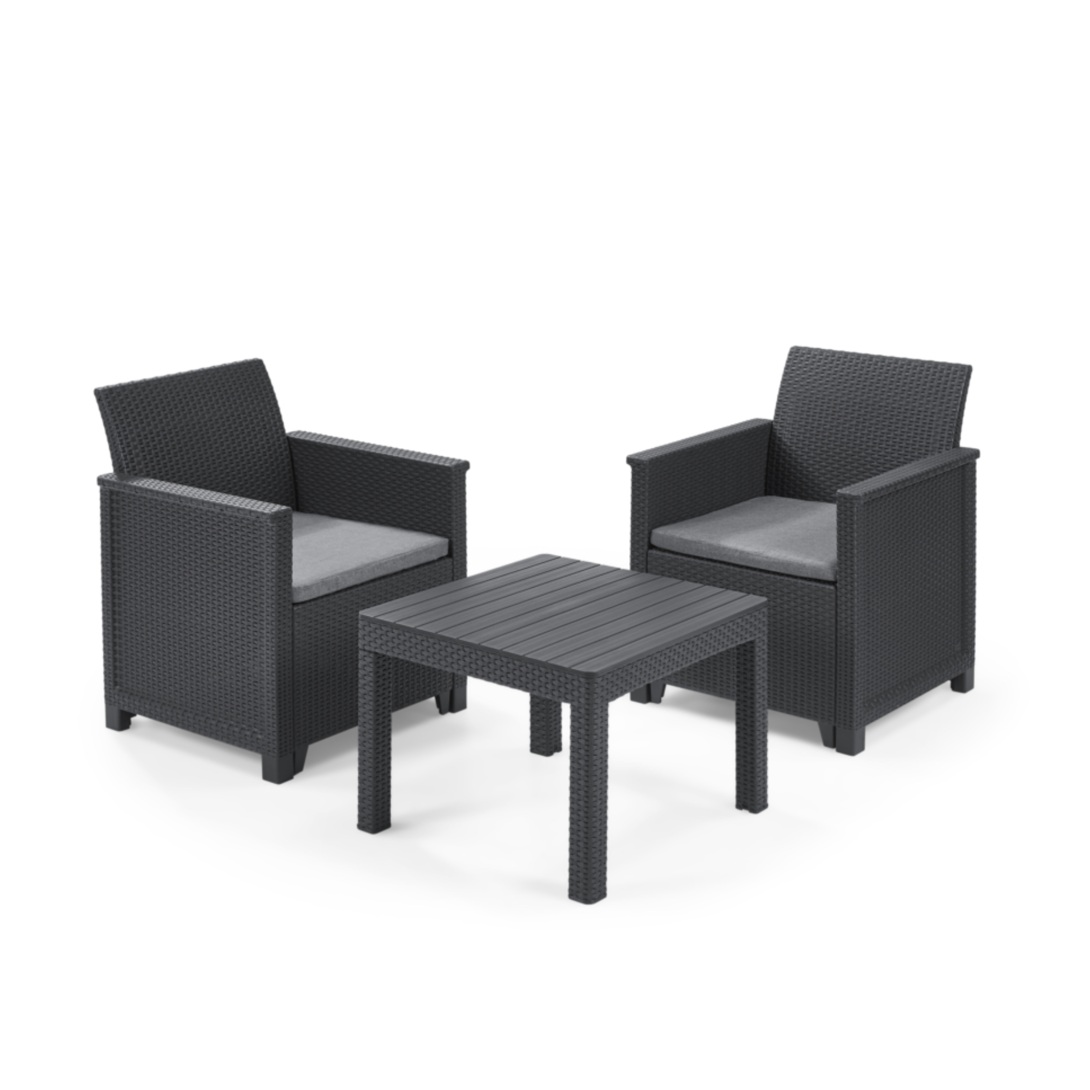 Salotto per esterno "Penelope" in resina poltrone con cuscini e tavolino da giardino