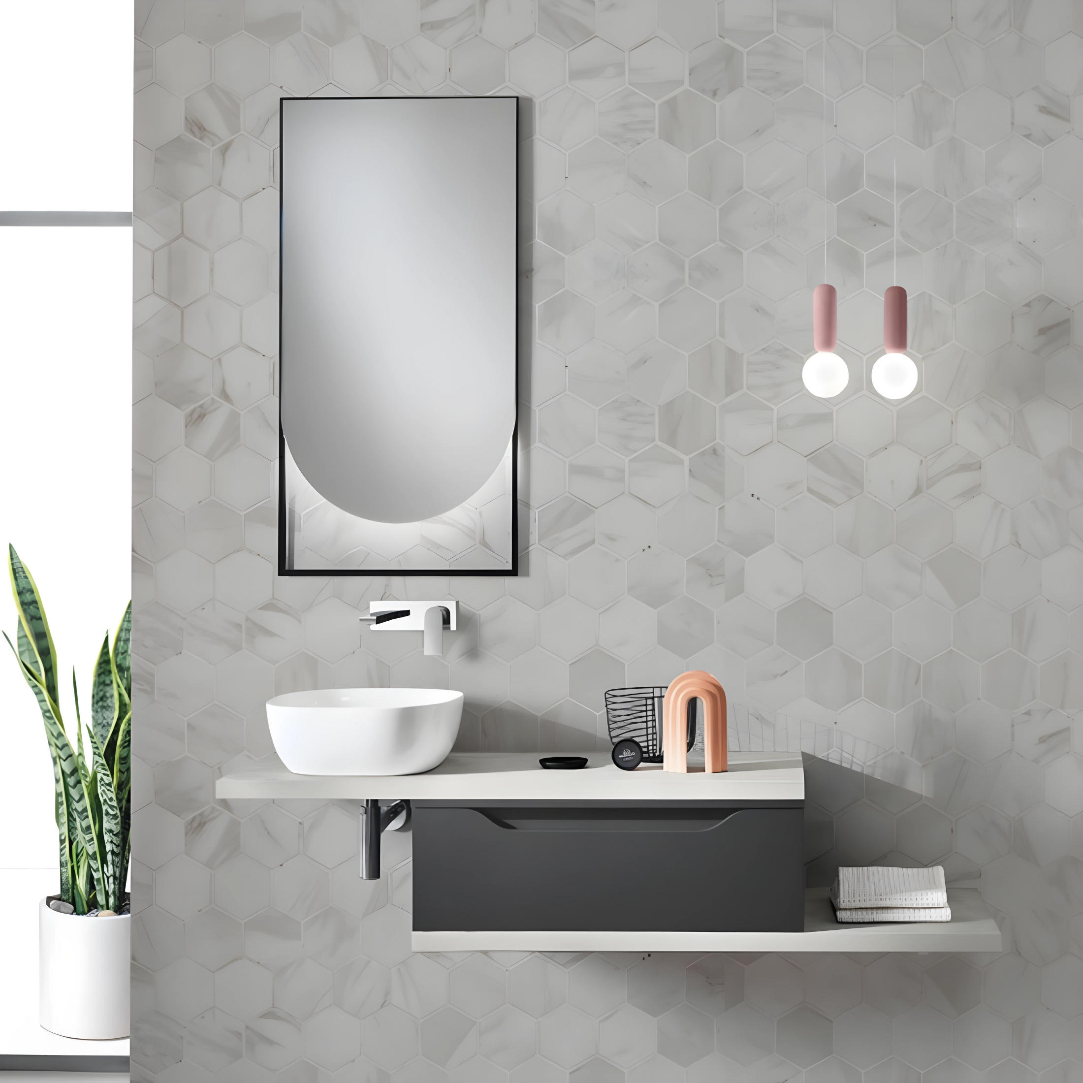 Mobile moderno da bagno sospeso "Flora" 1 cassetto specchio led lavabo da appoggio
