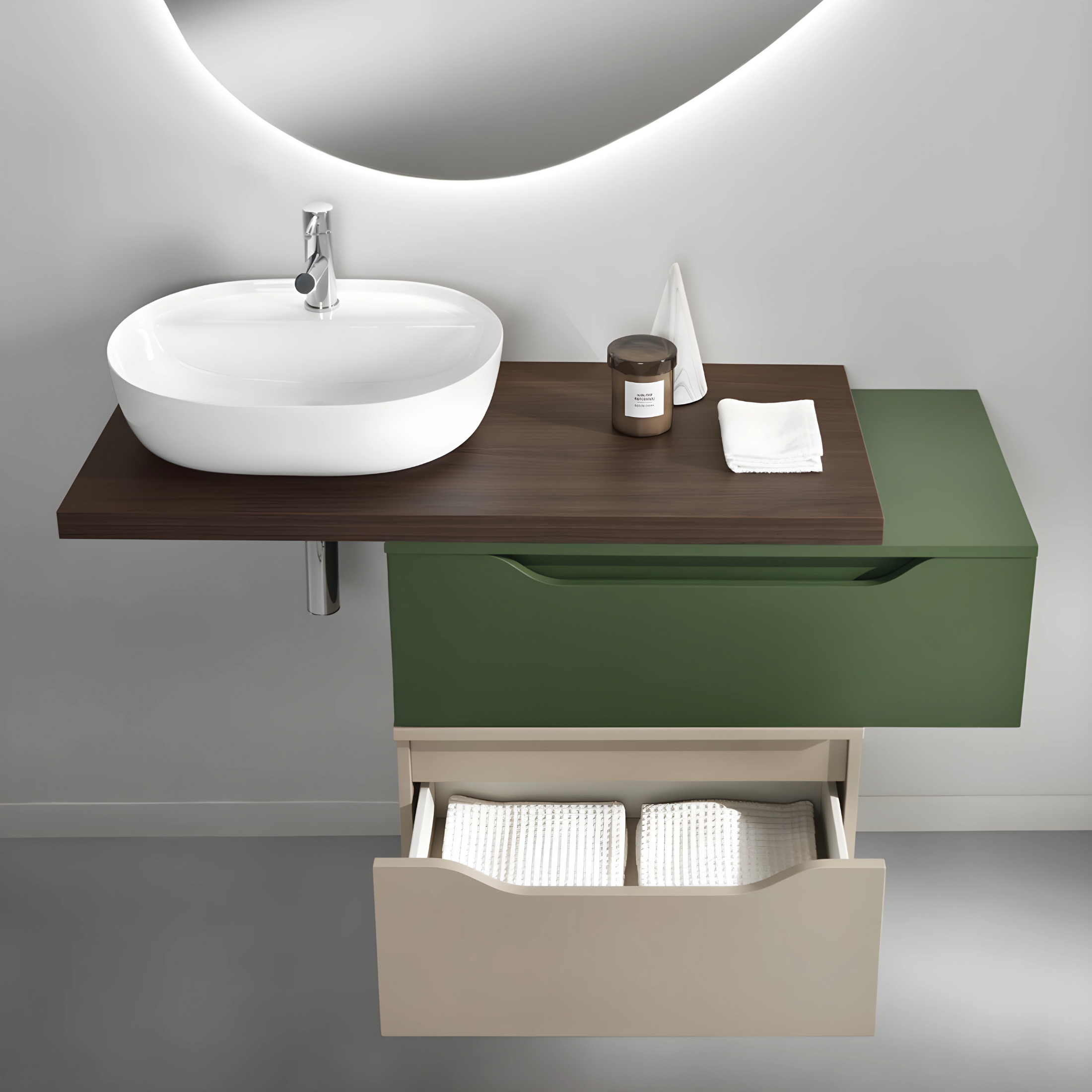 Mobile da bagno sospeso già assemblato "Alaia" 2 cassetti specchio led lavabo e colonna
