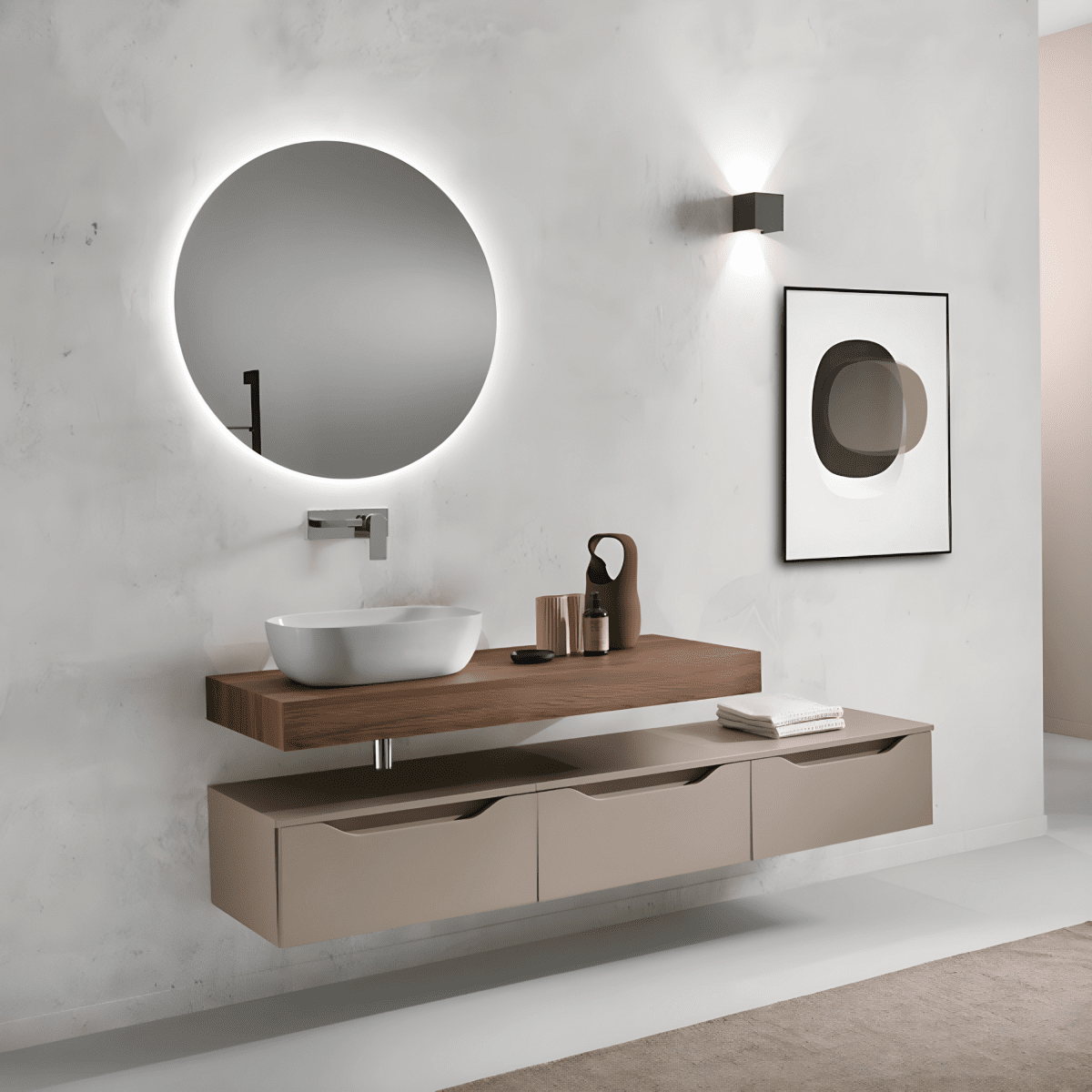Mobile da bagno sospeso moderno "Elton" 3 cassetti lavabo da appoggio specchio Led - MondoViro