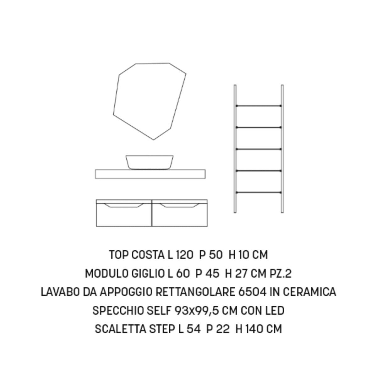 Mobile da bagno sospeso "Becky" moderno 2 cassetti specchio Led lavabo scaletta step - MondoViro