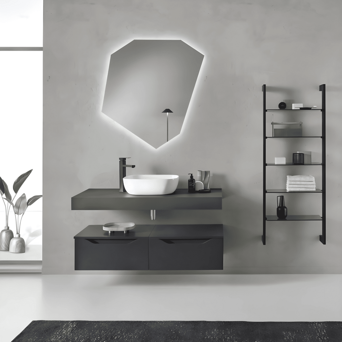 Mobile da bagno sospeso "Becky" moderno 2 cassetti specchio Led lavabo scaletta step - MondoViro