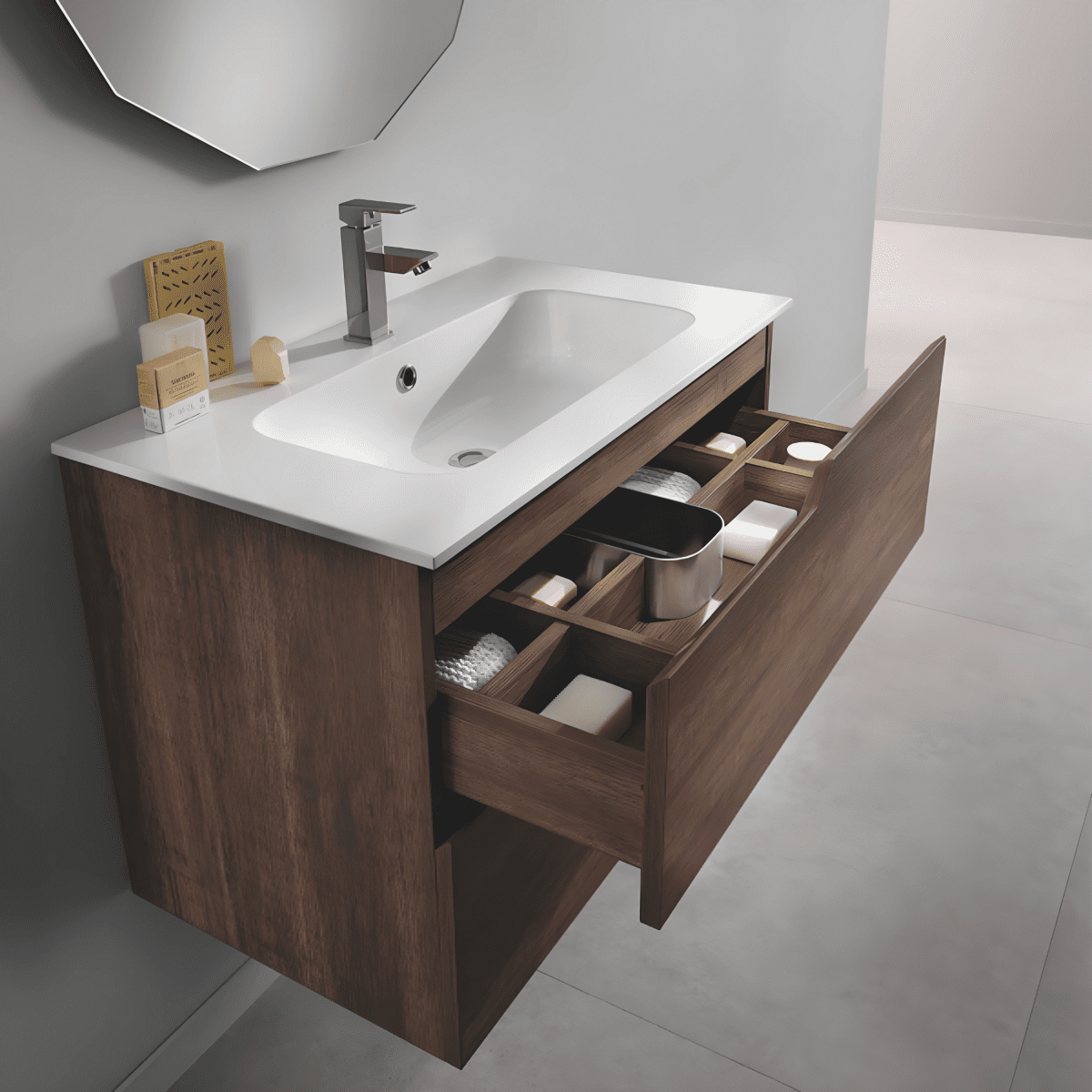 Mobile da bagno sospeso "Cuba" base 2 cassetti 80 cm con colonna specchio e lavabo TEK - MondoViro