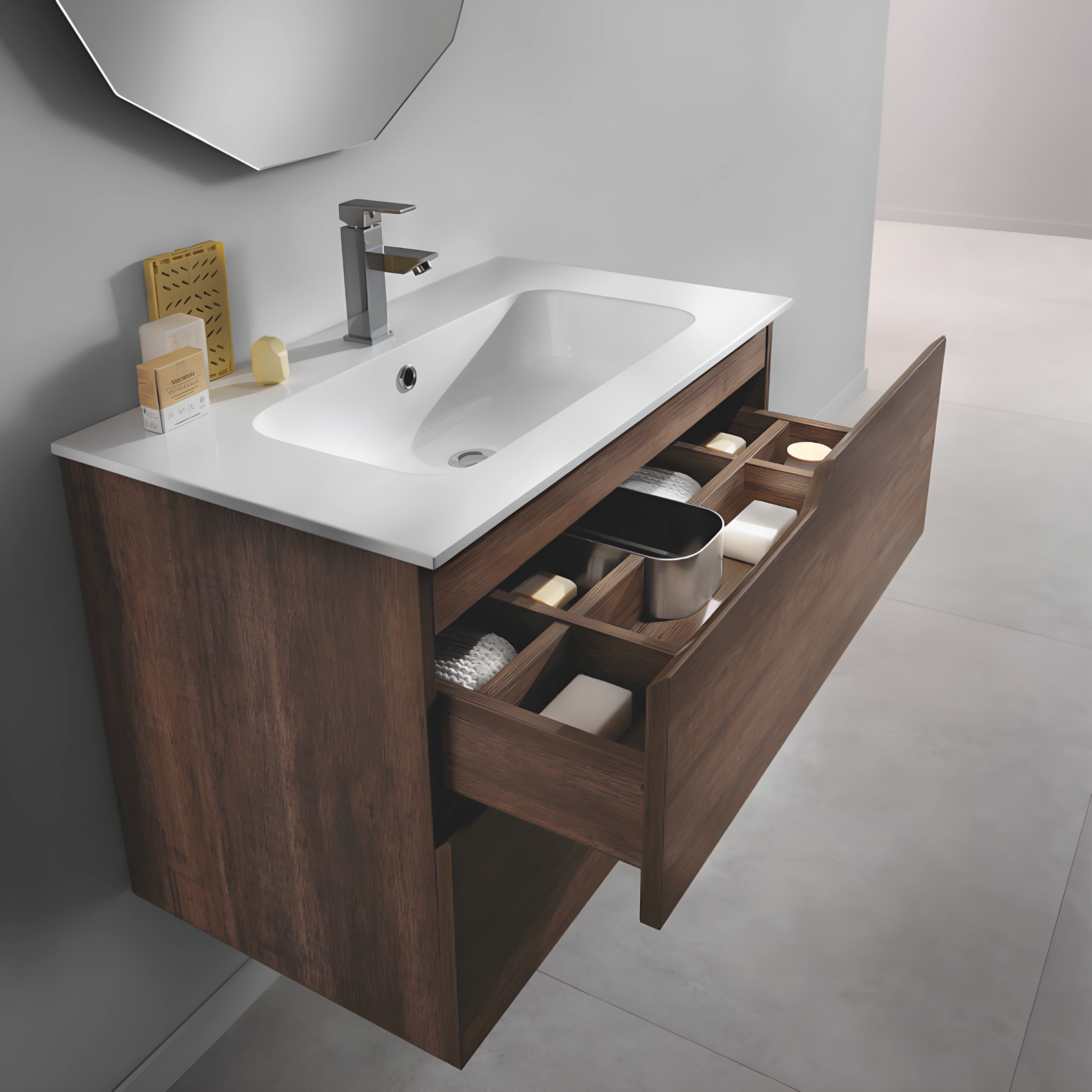 Mobile da bagno sospeso "Cuba" base 2 cassetti 80 cm con colonna specchio e lavabo TEK