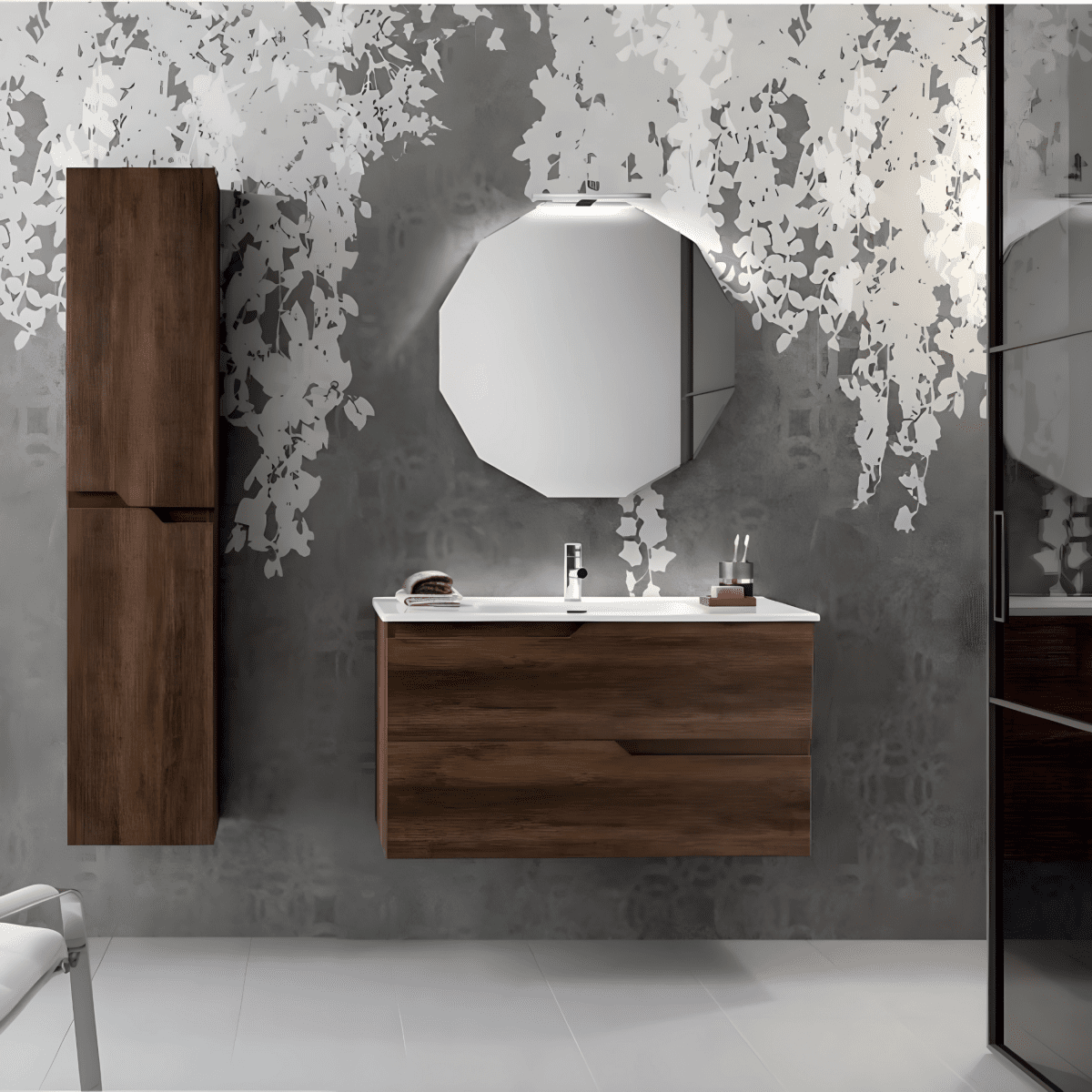 Mobile da bagno sospeso "Cuba" base 2 cassetti 80 cm con colonna specchio e lavabo TEK - MondoViro