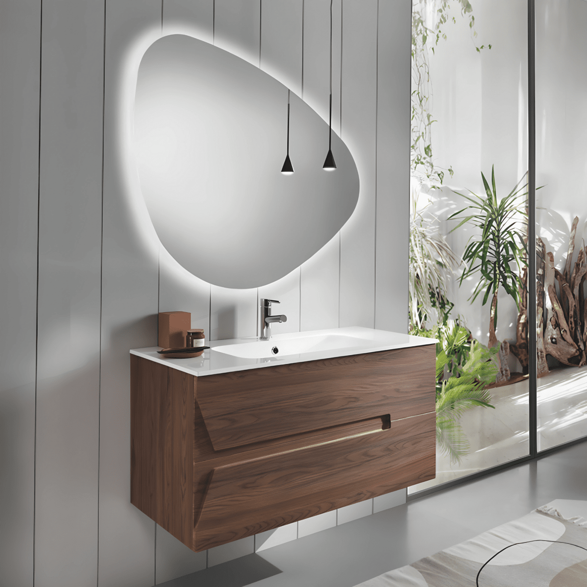 Mobile da bagno sospeso "Empire" con 2 cassetti 1 colonna lavabo e specchio Led - MondoViro