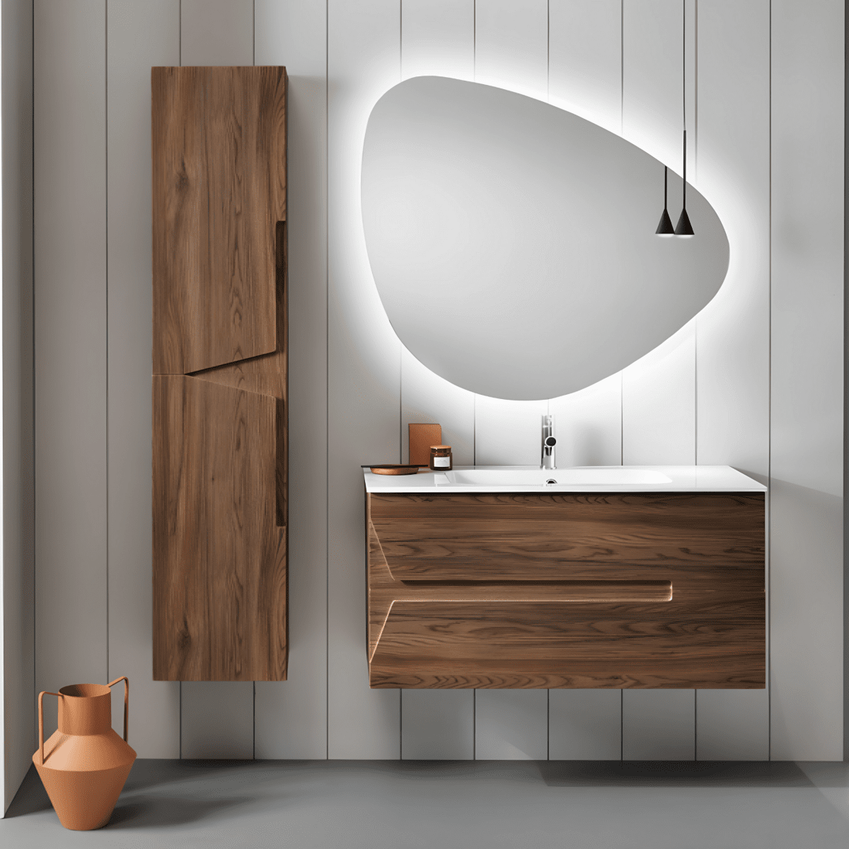 Mobile da bagno sospeso "Empire" con 2 cassetti 1 colonna lavabo e specchio Led - MondoViro