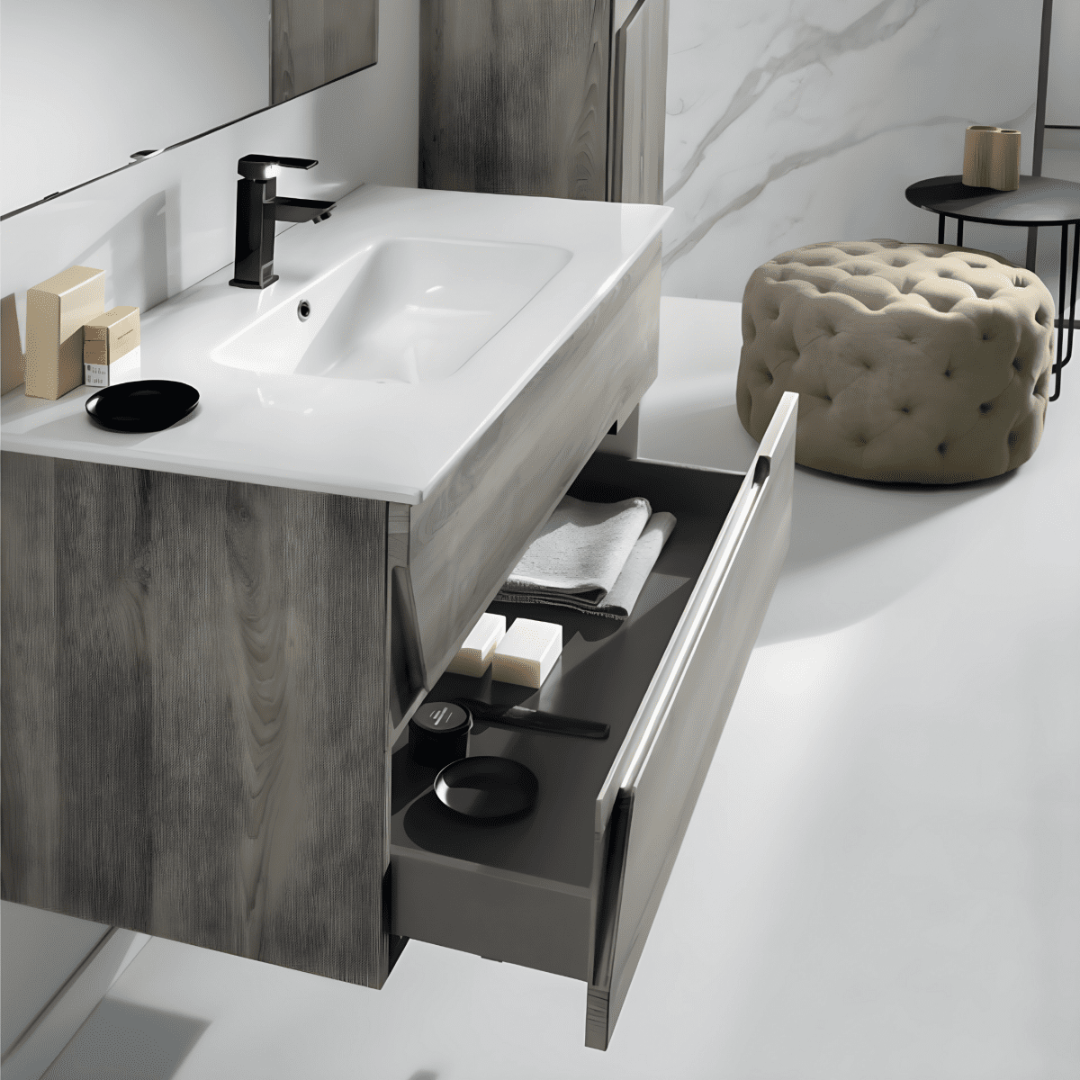 Mobile da bagno sospeso "Rivery" con 2 cassetti 2 ante specchio e lavabo - MondoViro