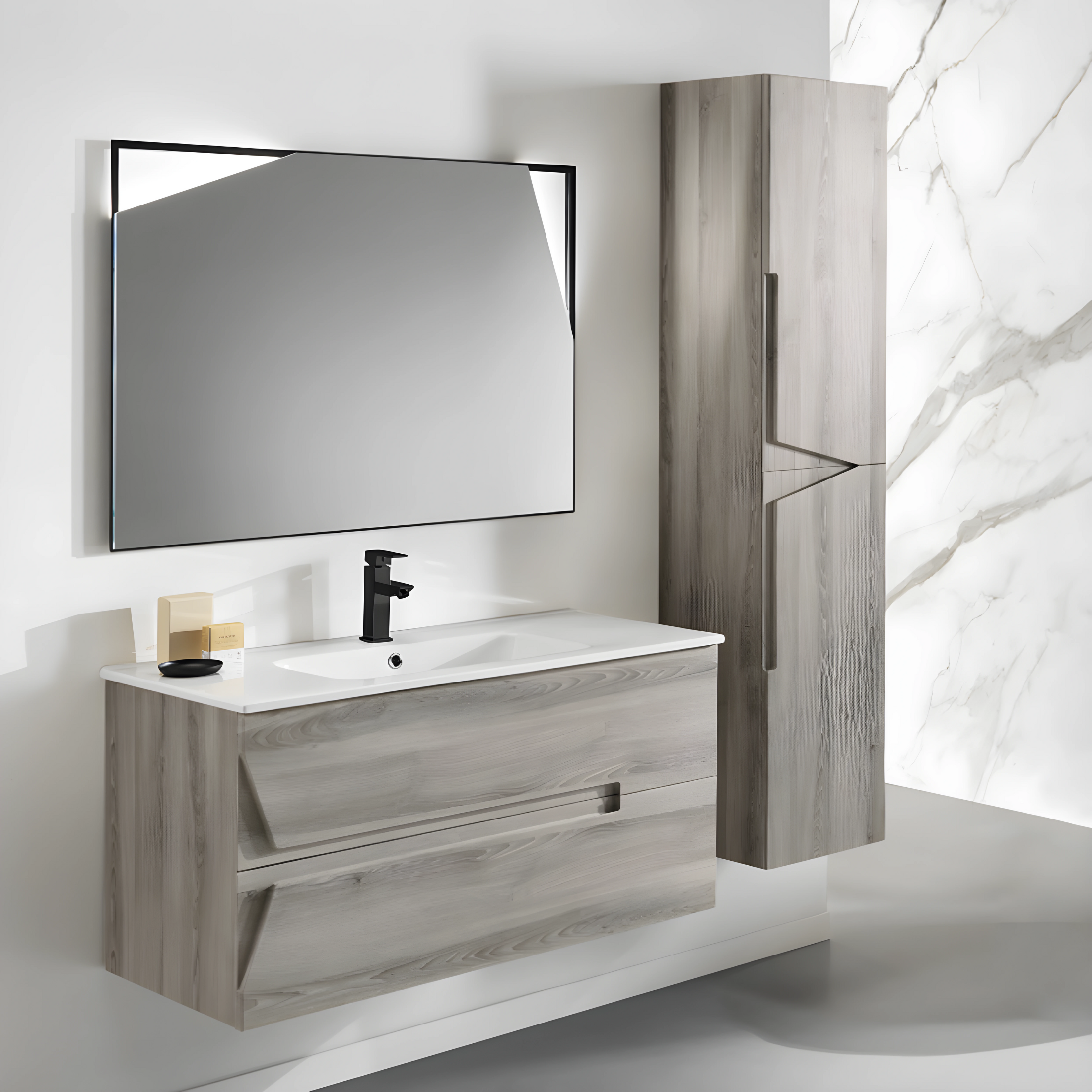 Mobile da bagno sospeso "Rivery" con 2 cassetti 2 ante specchio e lavabo