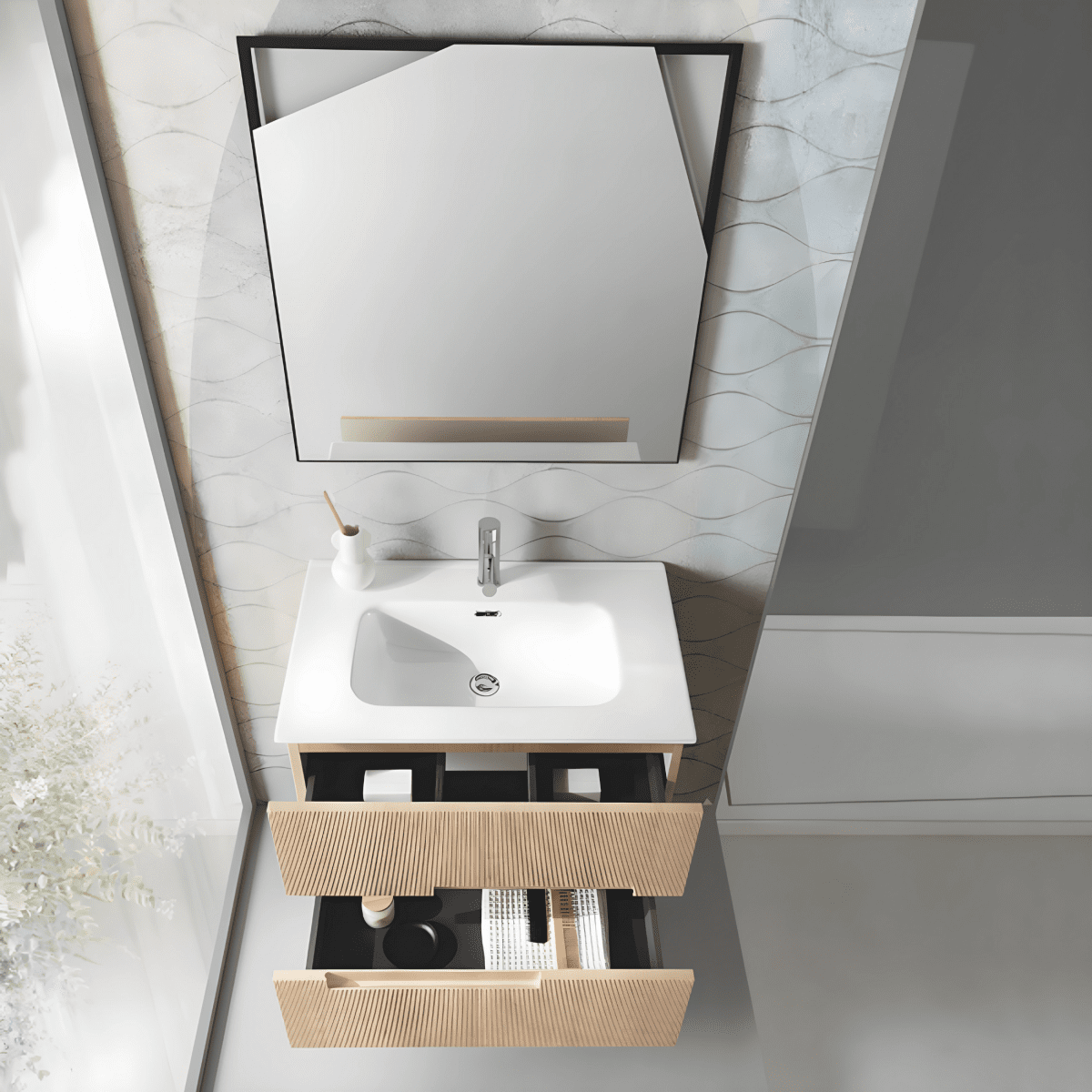 Mobile da bagno sospeso "Tayla" con 2 cassetti specchio Led e lavabo - MondoViro