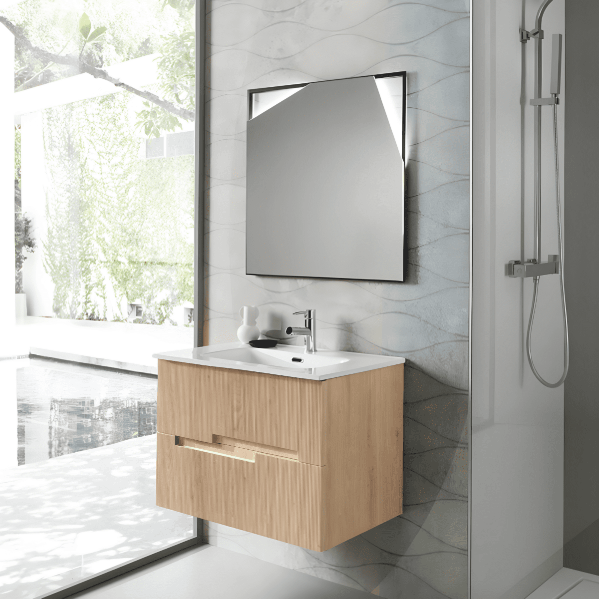 Mobile da bagno sospeso "Tayla" con 2 cassetti specchio Led e lavabo - MondoViro