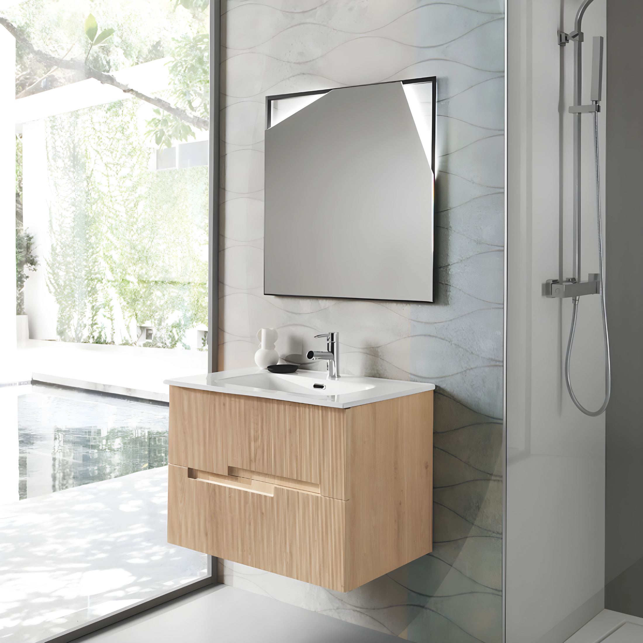 Mobile da bagno sospeso "Tayla" con 2 cassetti specchio Led e lavabo