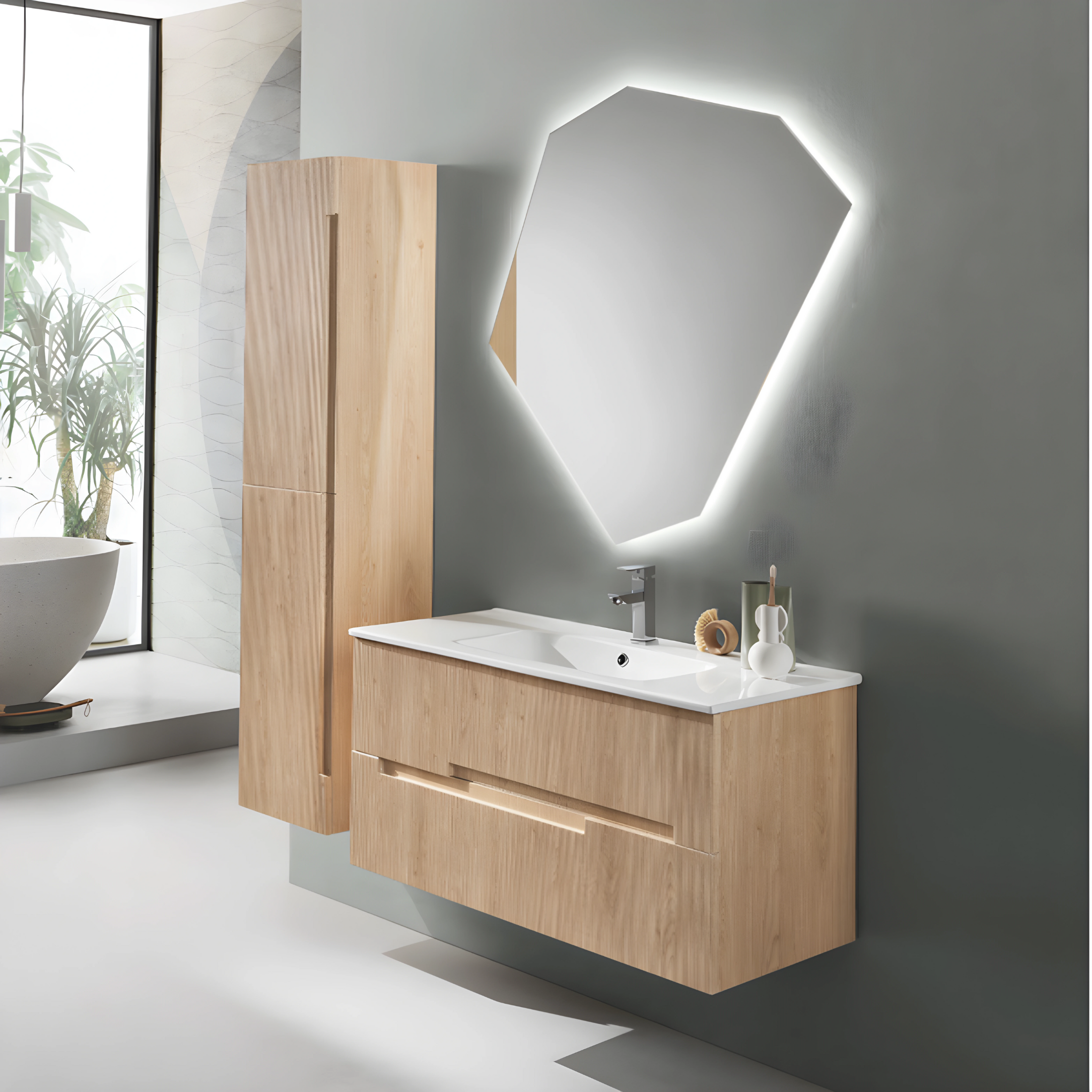 Mobile da bagno in legno "Eliot" con 2 cassetti lavabo e colonna sospesa