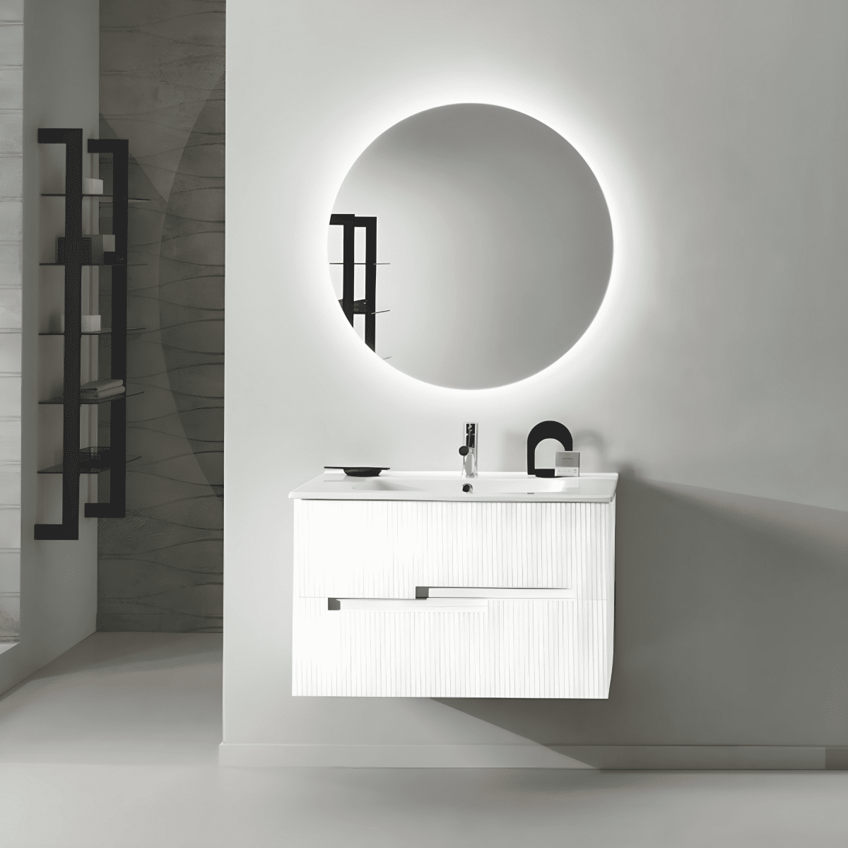 Mobile moderno da bagno in legno 2 cassetti "Cloud80" con lavabo e specchio Led - MondoViro