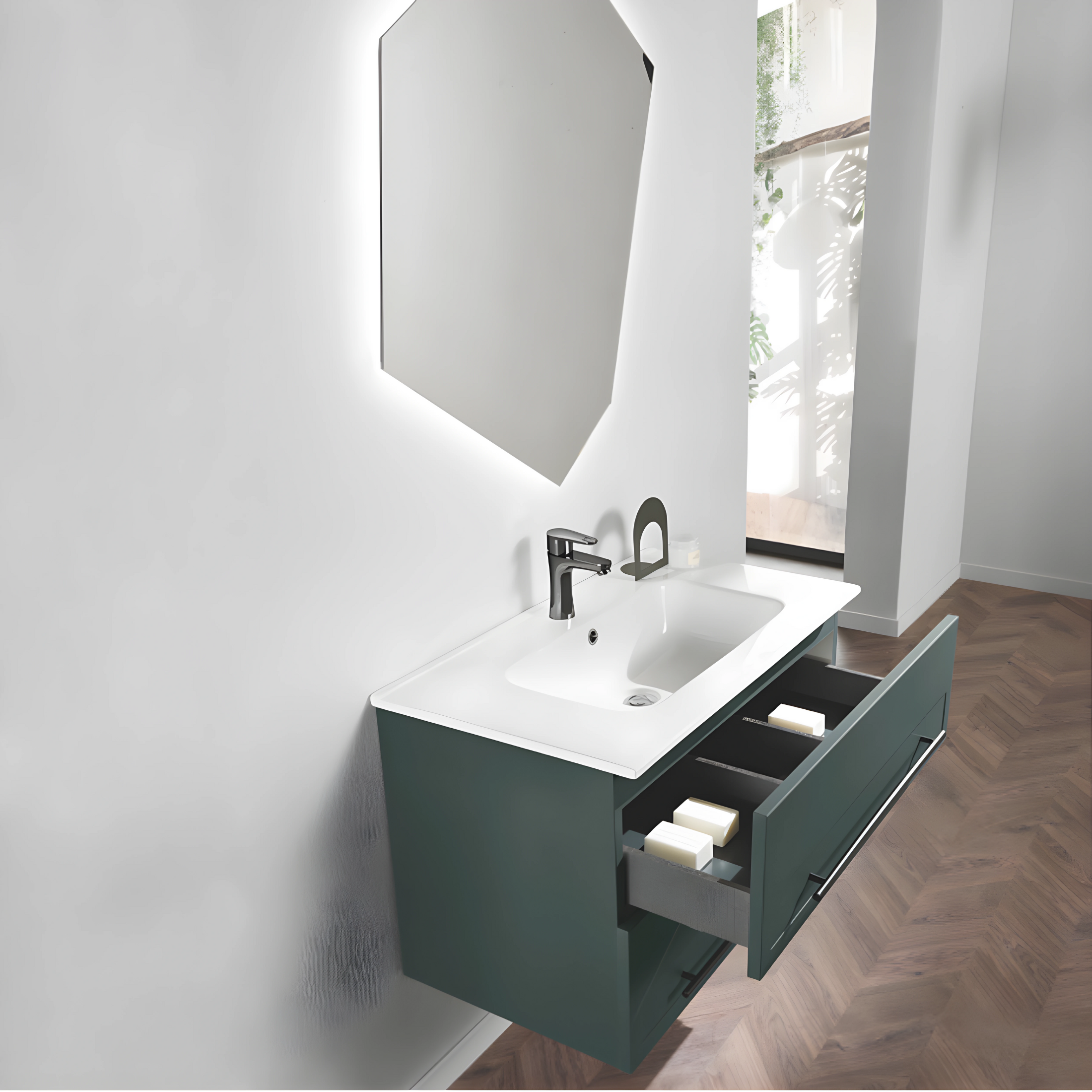 Mobile da bagno sospeso moderno "Sierra80" con  2 cassetti lavabo e specchio Led