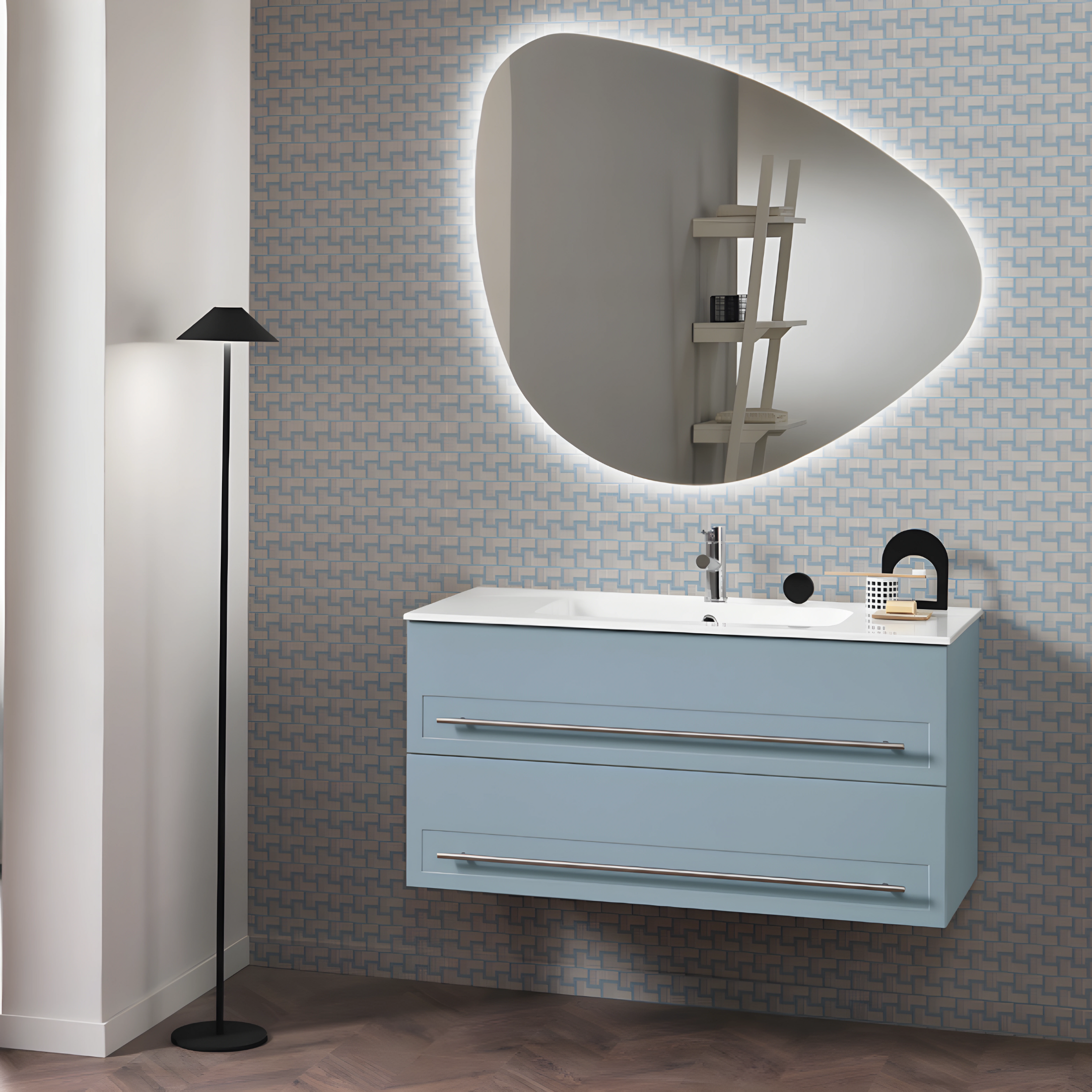 Mobile da bagno in legno 2 cassetti "Denim100" con lavabo e specchio Led