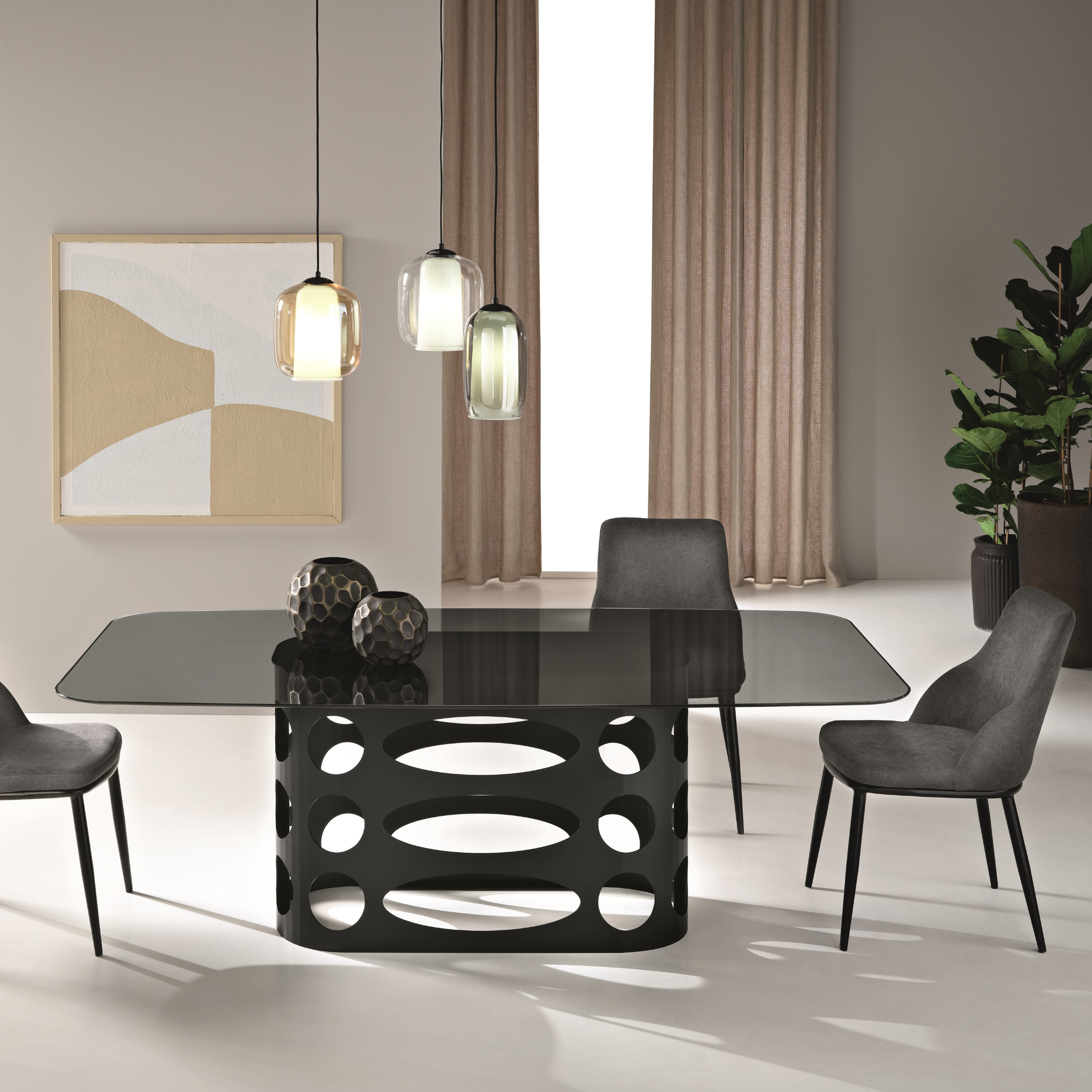 Tavolo fisso moderno "Unico" in vetro liscio fumé trasparente e base in metallo verniciato cm 210x110 75h