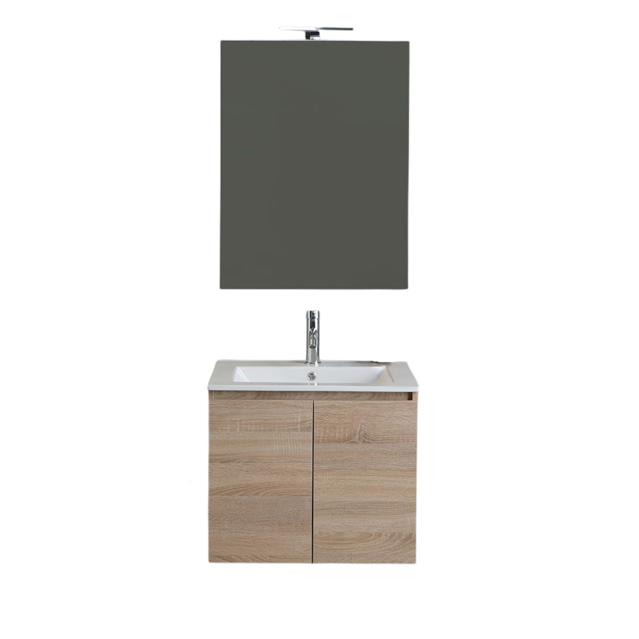 Mobile bagno sospeso 60 cm rovere "Belize" con 2 ante lavabo in ceramica e specchio 60x80 cm