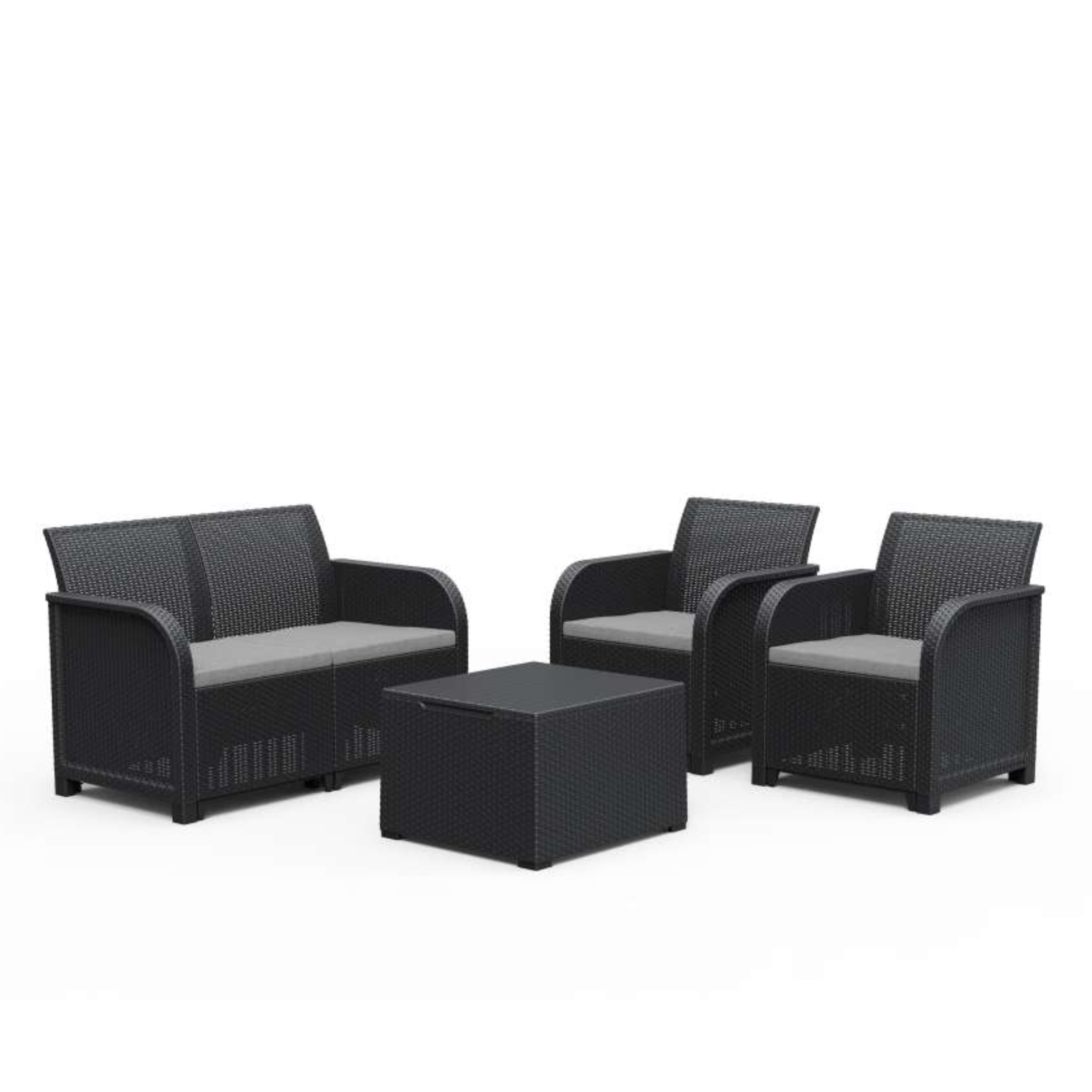 Set salotto rattan "Rosalie" divano poltrone e tavolino contenitore per giardino