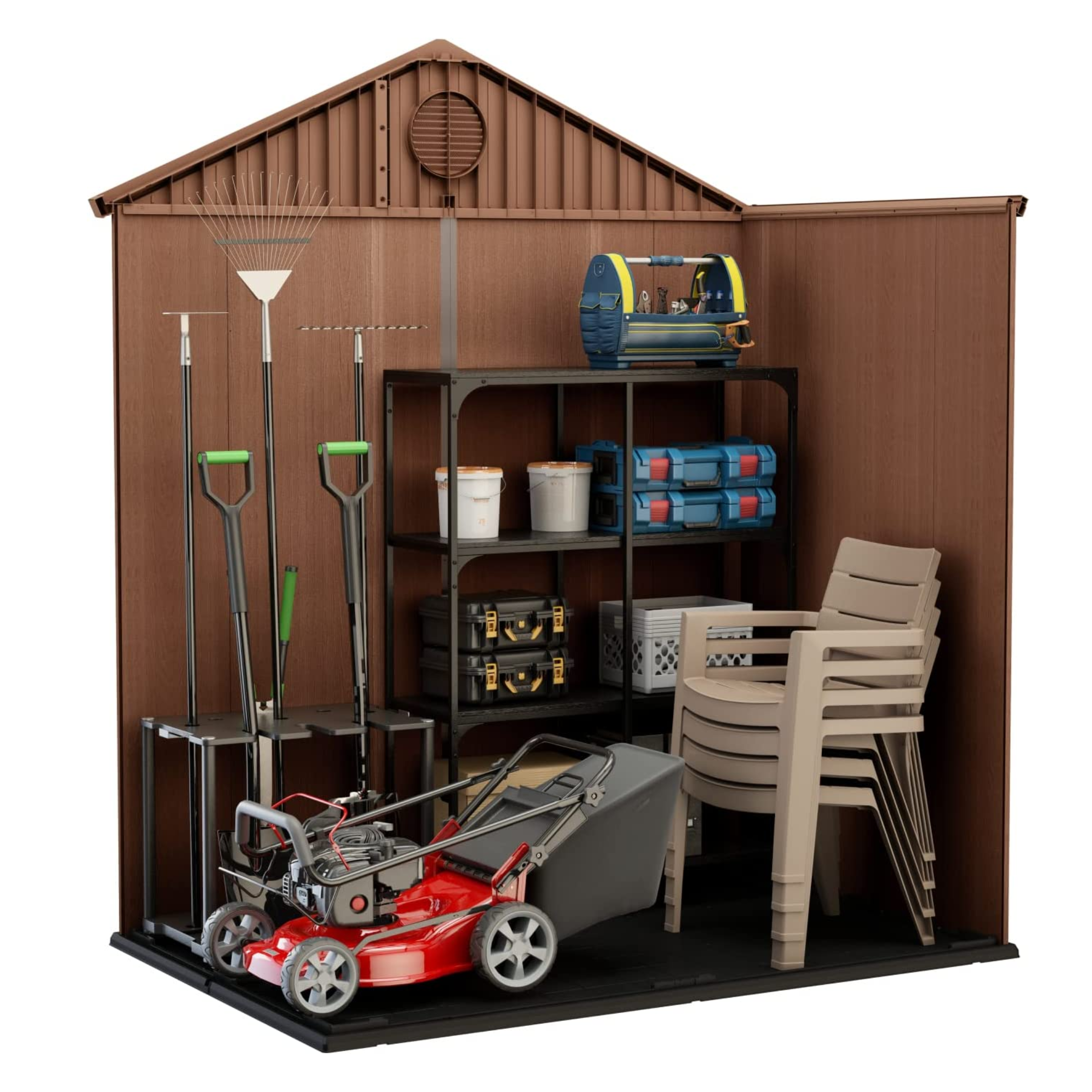 Casetta in resina da giardino "Loto" a 2 porte marrone effetto legno con 2 finestre