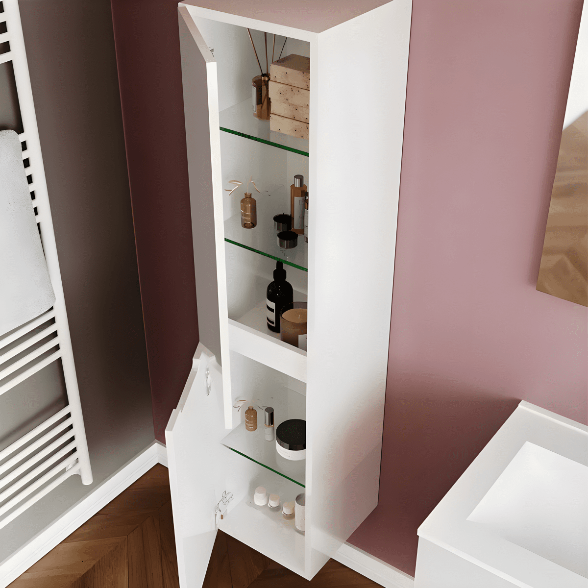 Colonna da bagno "Rhovan" con ripiani in vetro e due ante reversibili cm 34x36 140h - MondoViro