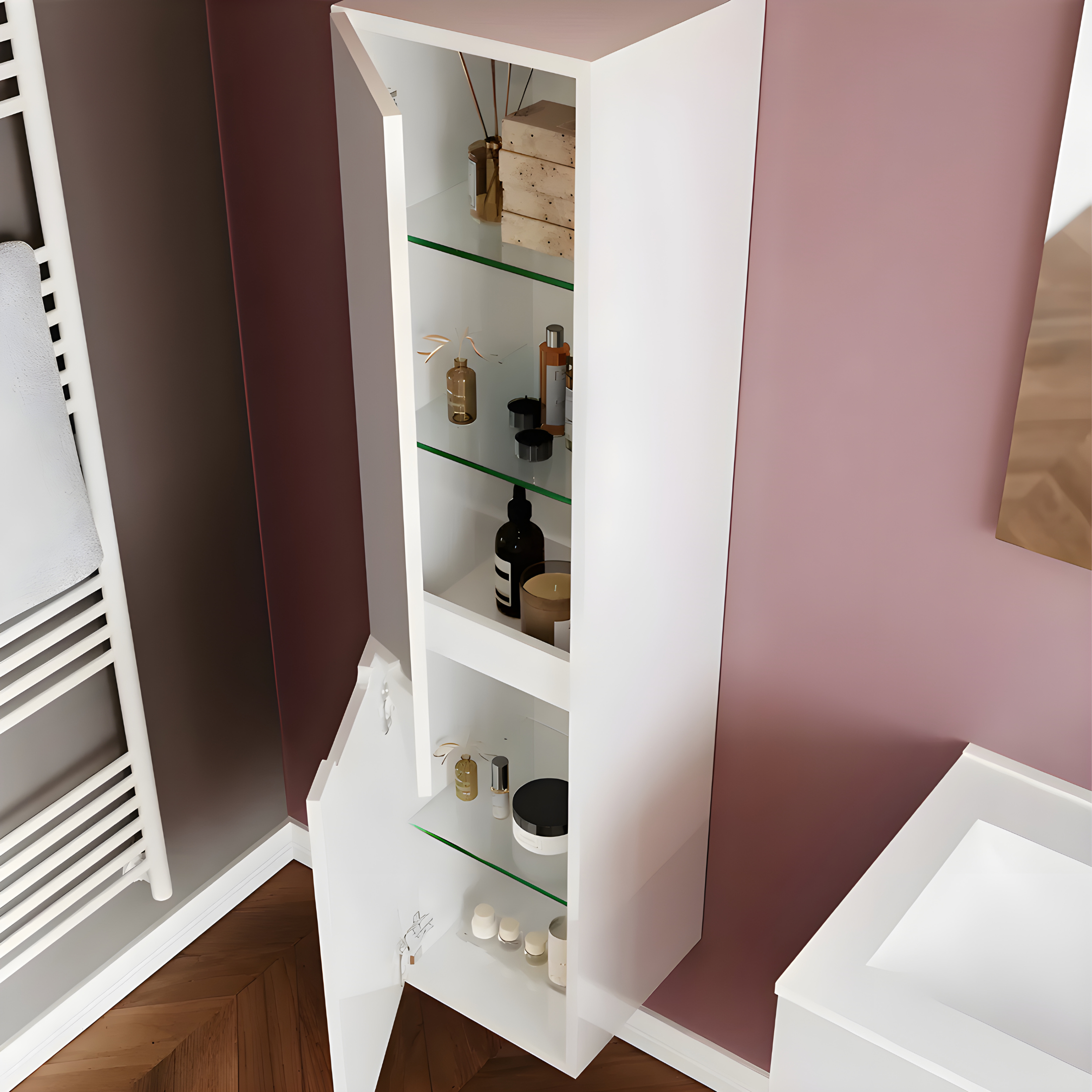 Colonna da bagno "Rhovan" con ripiani in vetro e due ante reversibili cm 34x36 140h