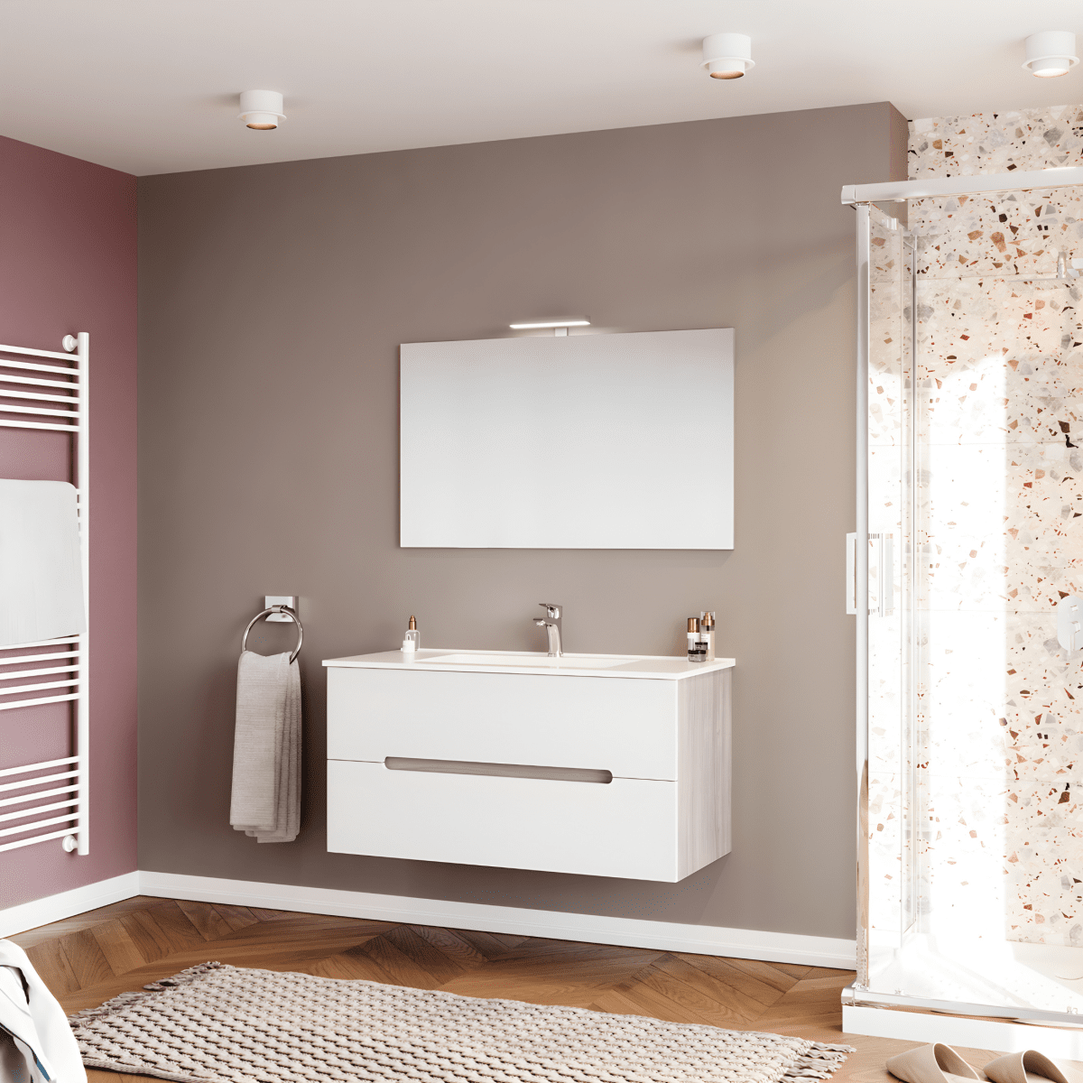 Mobile da bagno "Rhovan" con base, lavabo e specchio LED - MondoViro