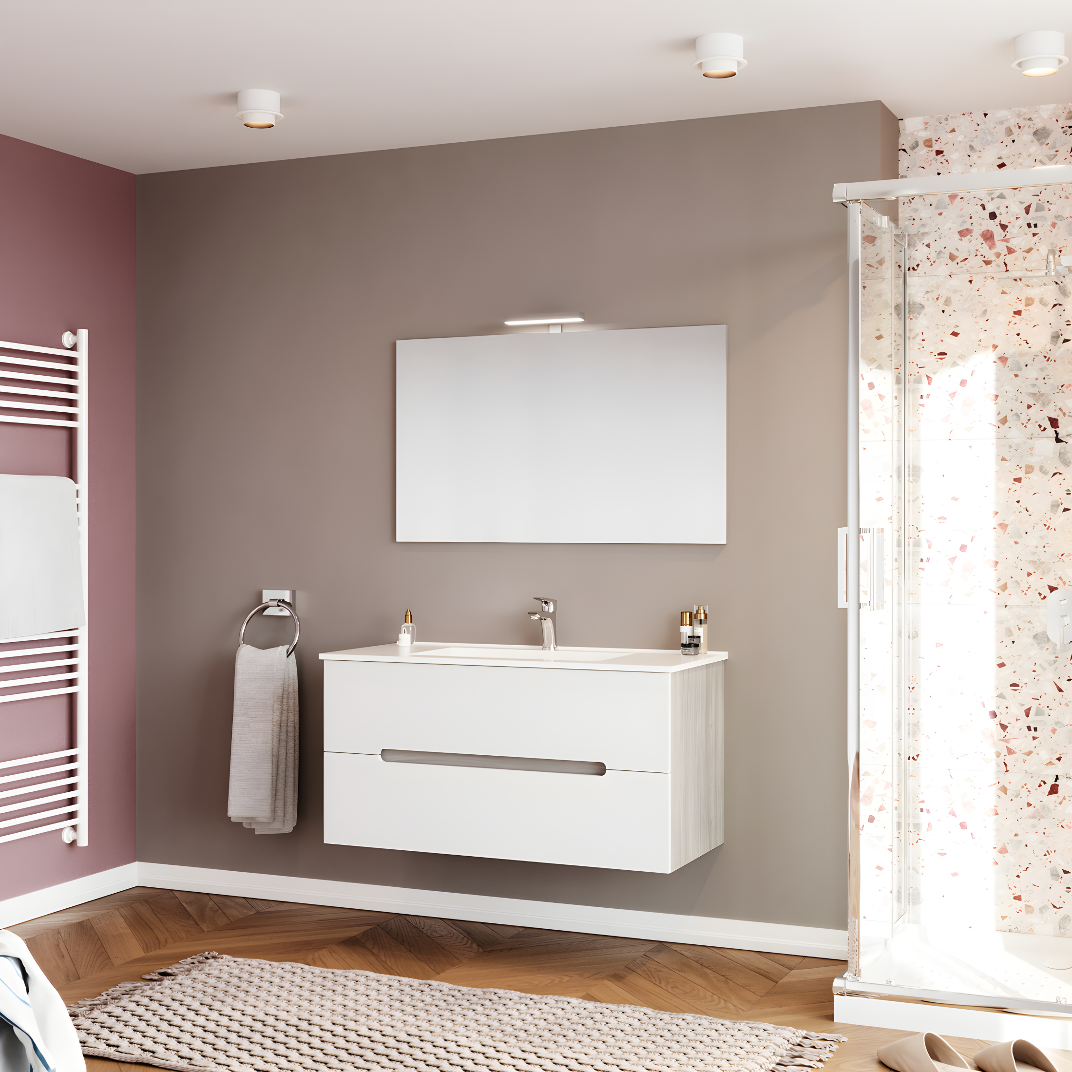 Mobile da bagno "Rhovan" con base, lavabo e specchio LED