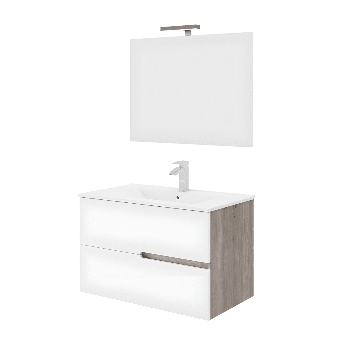 Mobile bagno sospeso moderno "Sara" in legno con 2 cassetti lavabo e specchio LED - MondoViro
