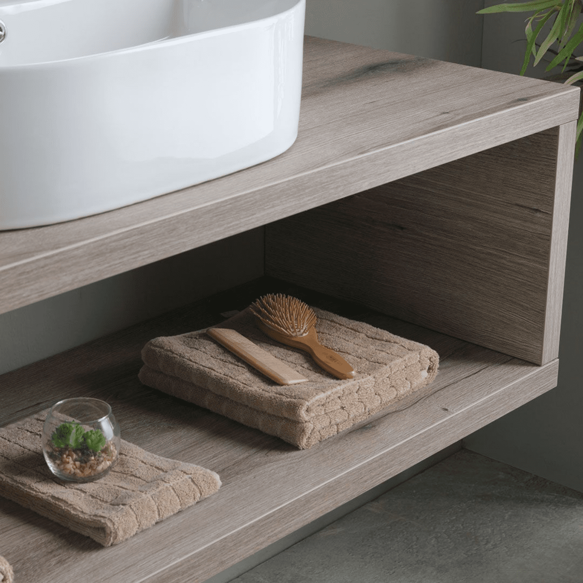 Mobile bagno sospeso rovere fossile "Samoa" 120 cm con lavabo ovale e specchio rettangolare LED - MondoViro