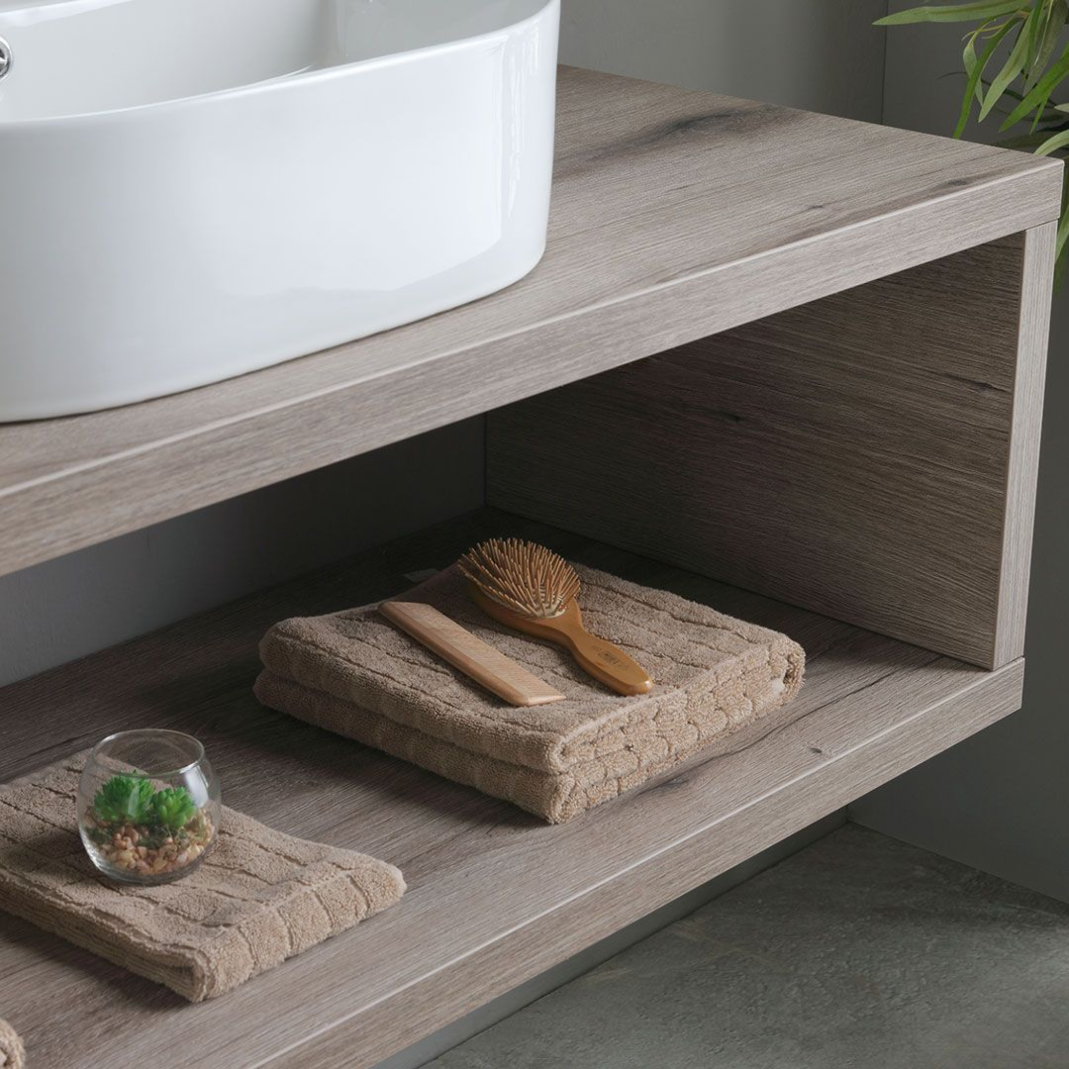 Mobile bagno sospeso rovere fossile "Samoa" 120 cm con lavabo ovale e specchio rettangolare LED