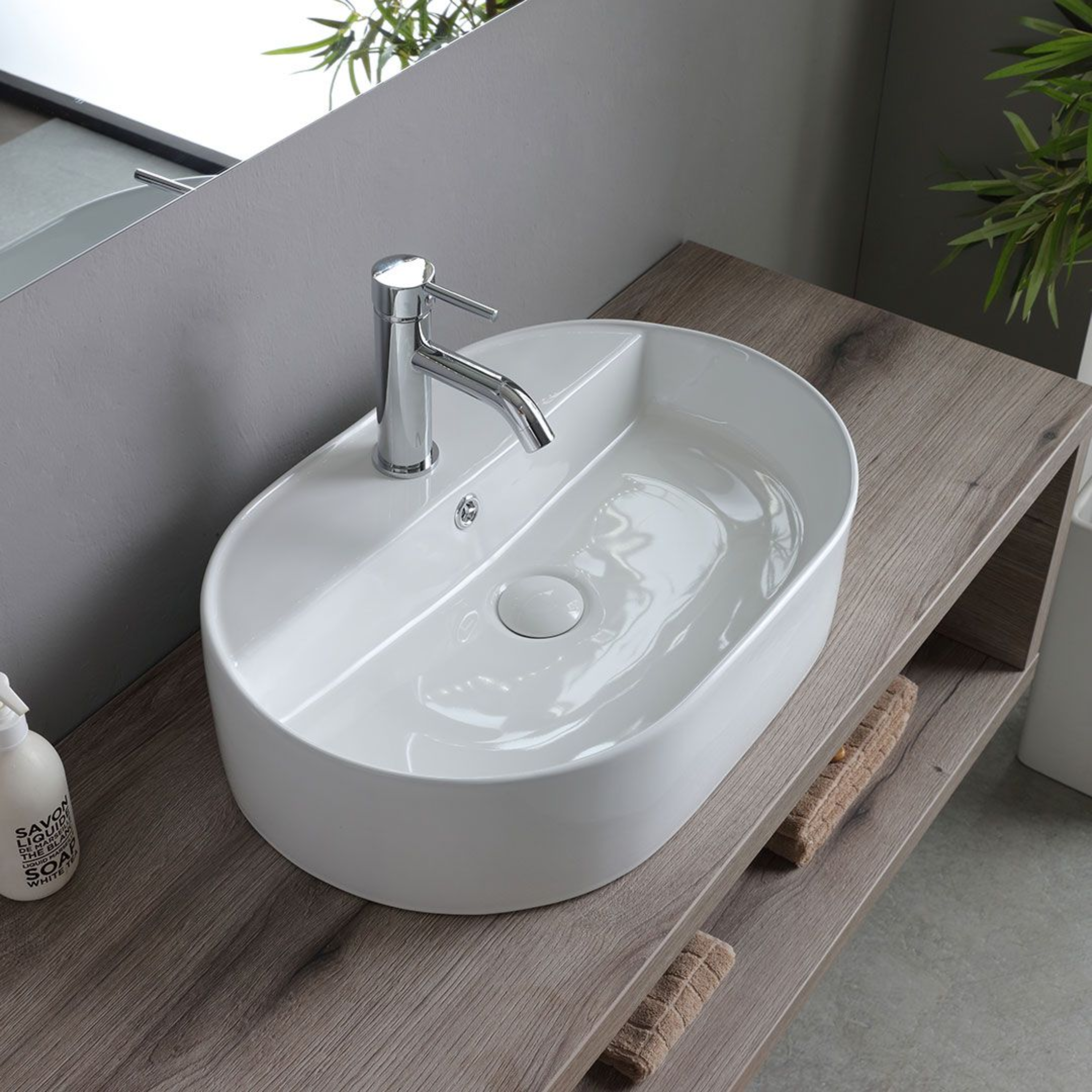 Mobile bagno sospeso rovere fossile "Samoa" 120 cm con lavabo ovale e specchio rettangolare LED