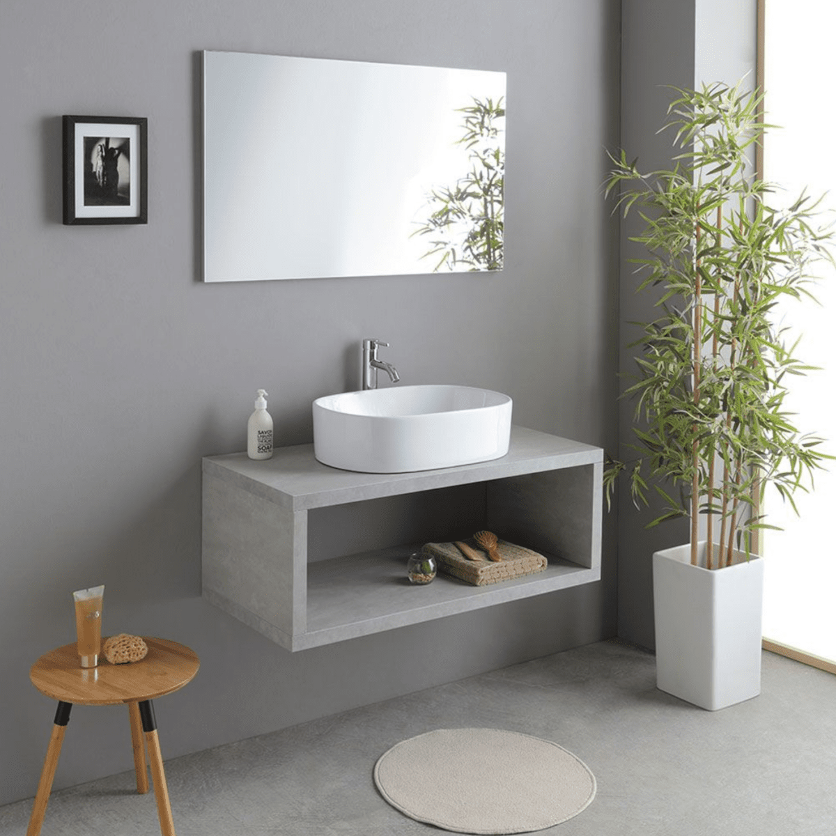Mobile bagno sospeso grigio "Samos" 100 cm con lavabo in ceramica ovale e specchio semplice - MondoViro