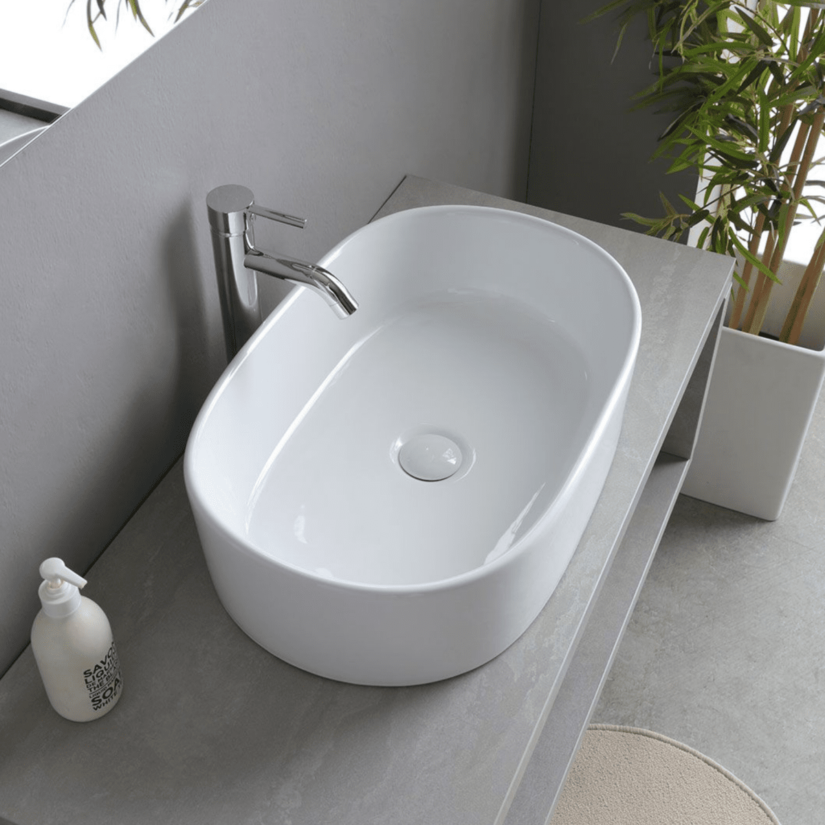 Mobile bagno sospeso grigio "Samos" 100 cm con lavabo in ceramica ovale e specchio semplice - MondoViro