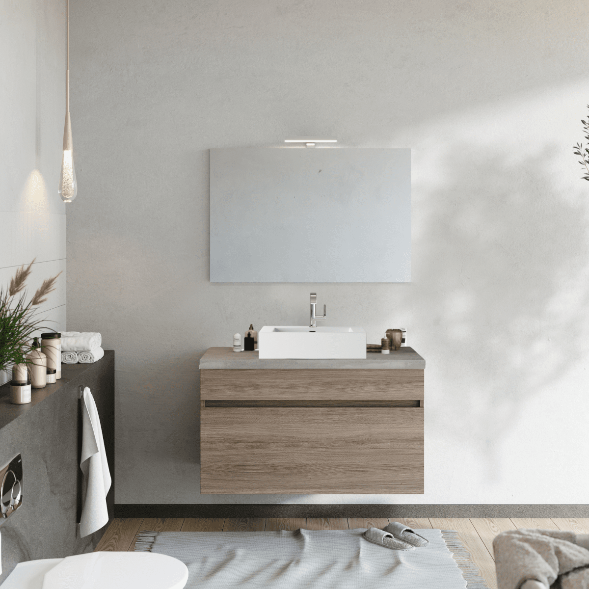Mobile da bagno sospeso moderno "Velira1" in legno con top e specchio LED - MondoViro
