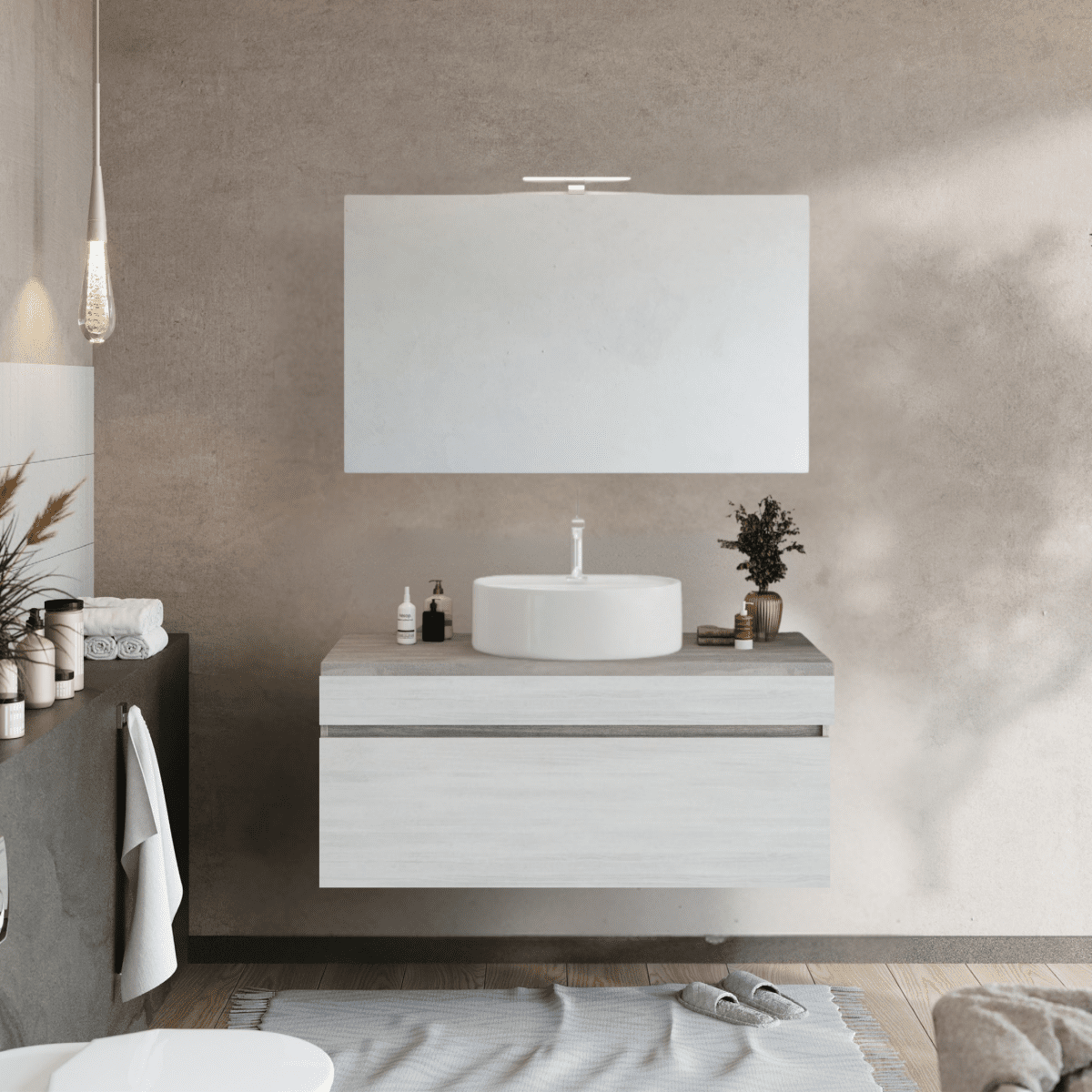 Mobile da bagno sospeso moderno "Velira1" in legno con top e specchio LED - MondoViro