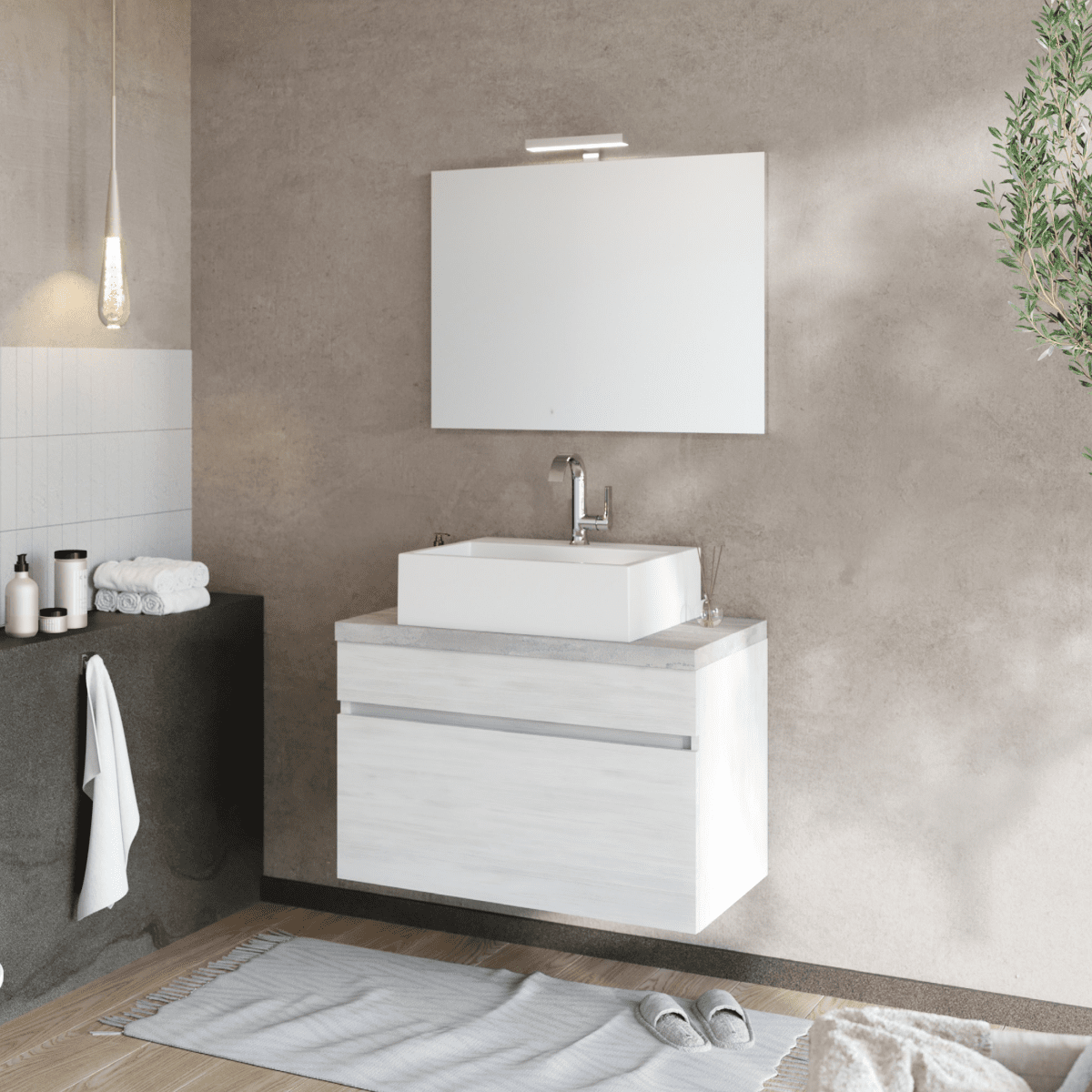 Mobile da bagno sospeso moderno "Velira1" in legno con top e specchio LED - MondoViro