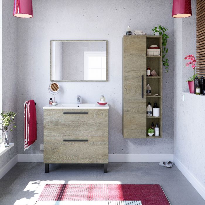 Mobile da bagno 3 cassetti in legno sotto lavabo "Athena" con specchio e piedini rialzati
