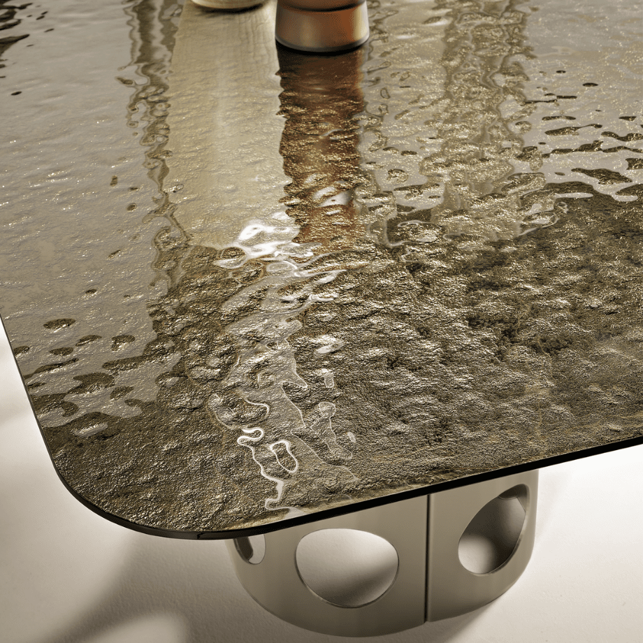 Tavolo fisso "Clover" moderno con piano in vetro martellato retroargentato cm 210x110 75h - MondoViro