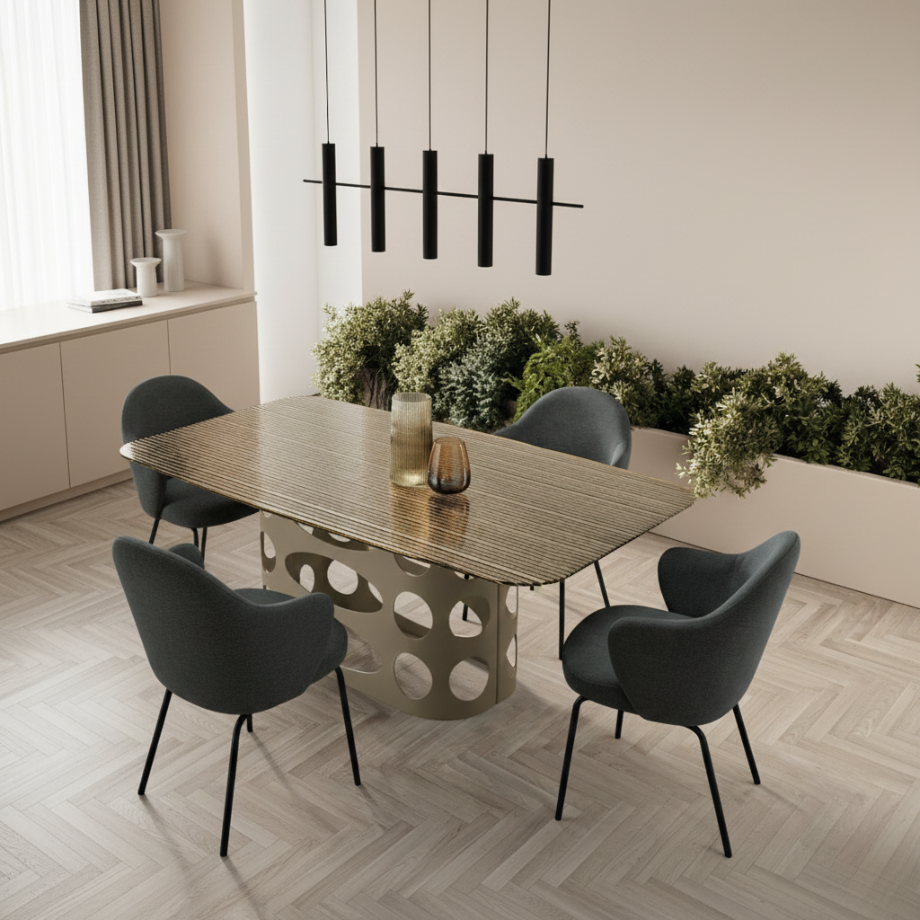 Tavolo fisso da pranzo "Master" con piano in vetro rigato retroargentato e base in metallo con trafori cm 210x110 75h