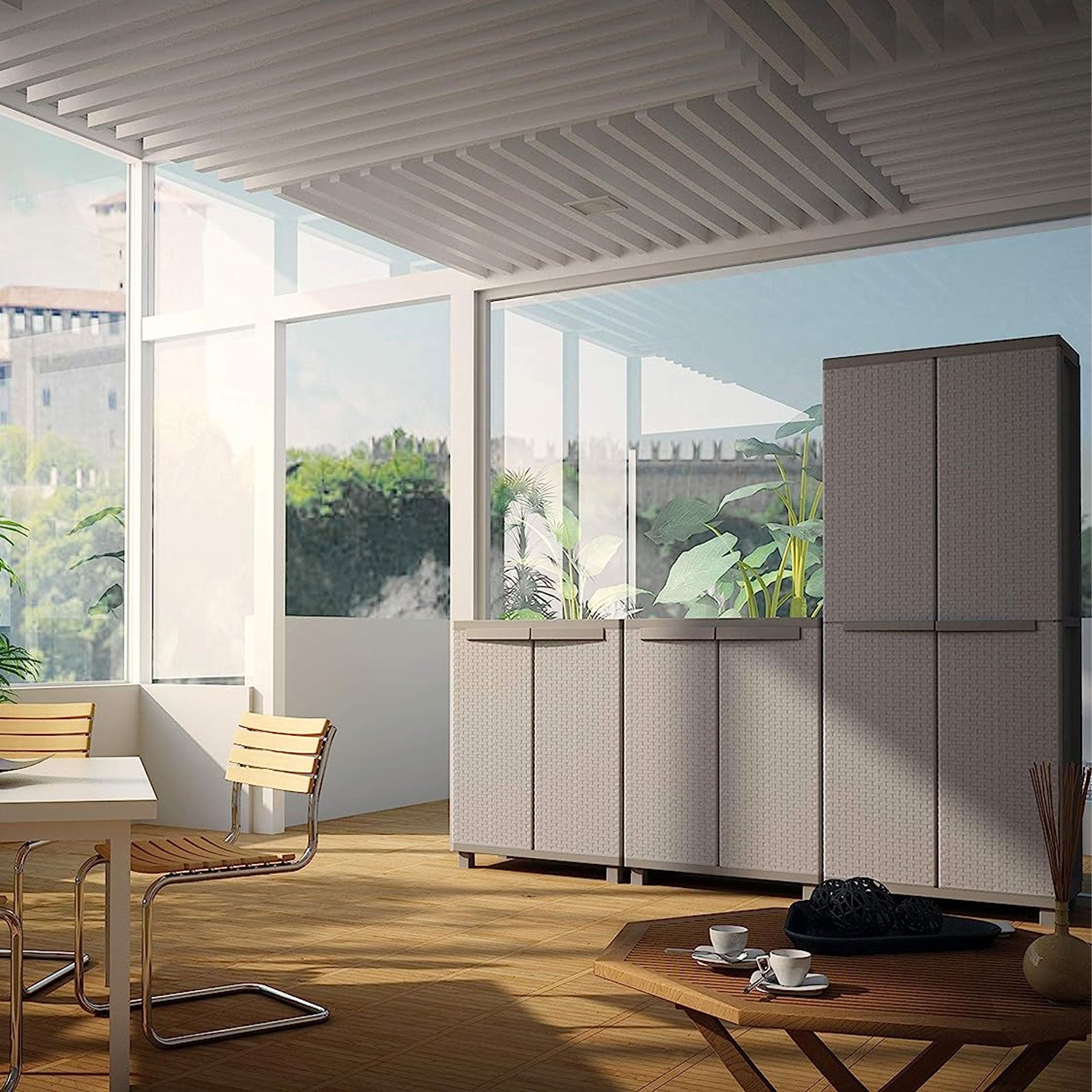 Armadio porta scope "C-Rattan" grigio per esterno 2 ante in plastica con ripiani